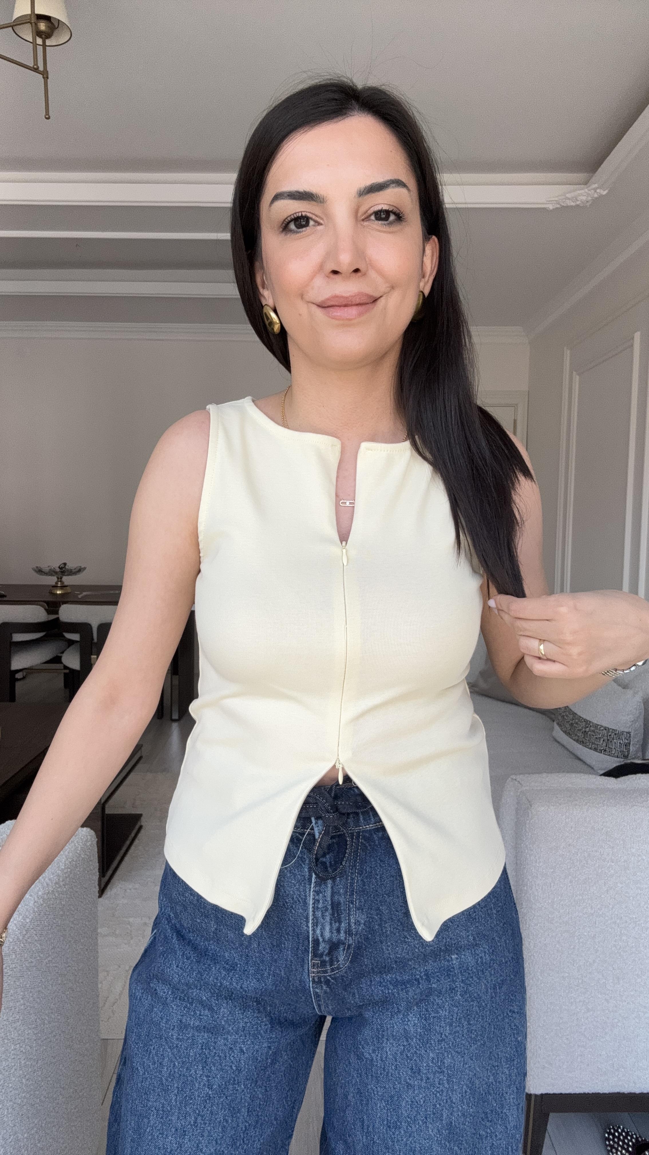 Dilvin Fermuarlı Bluz - Açık Sarı