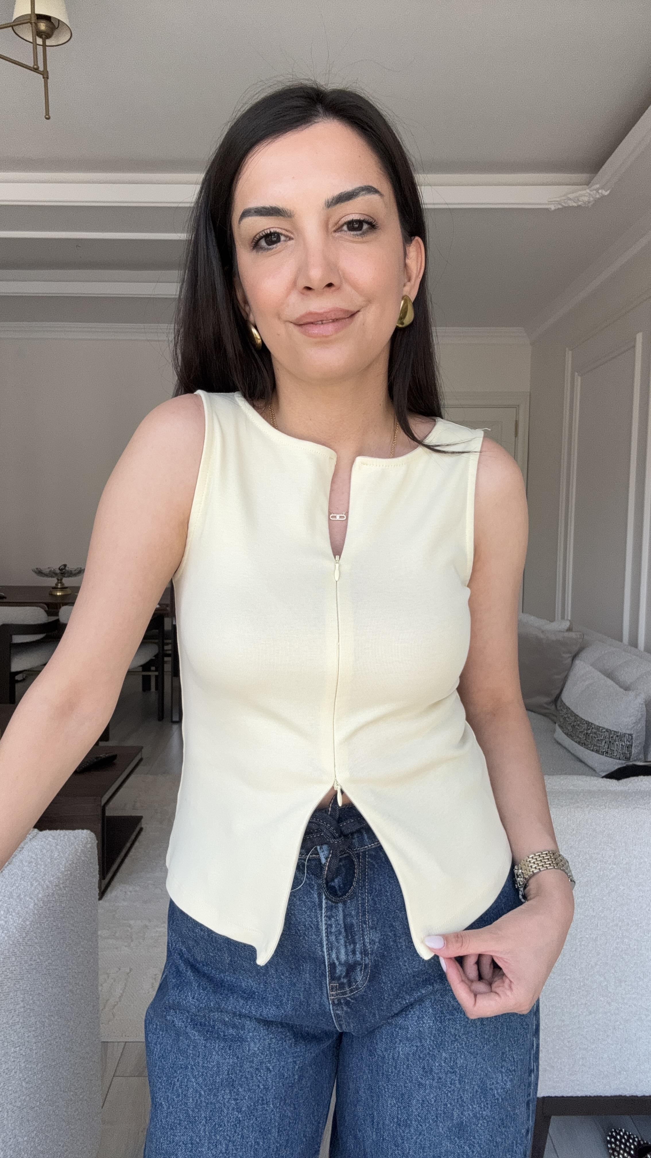 Dilvin Fermuarlı Bluz - Açık Sarı