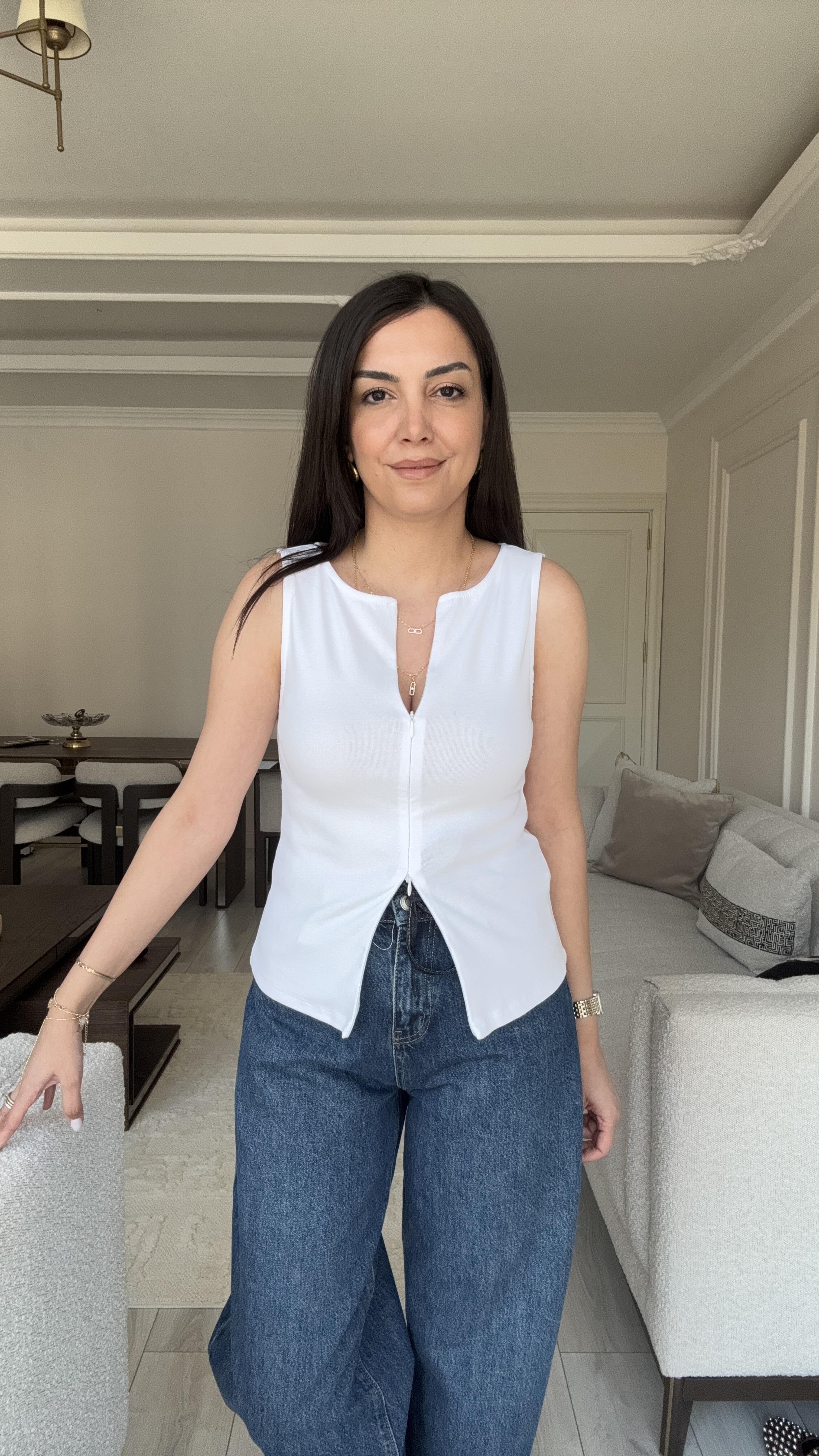 Dilvin Fermuarlı Bluz - Beyaz