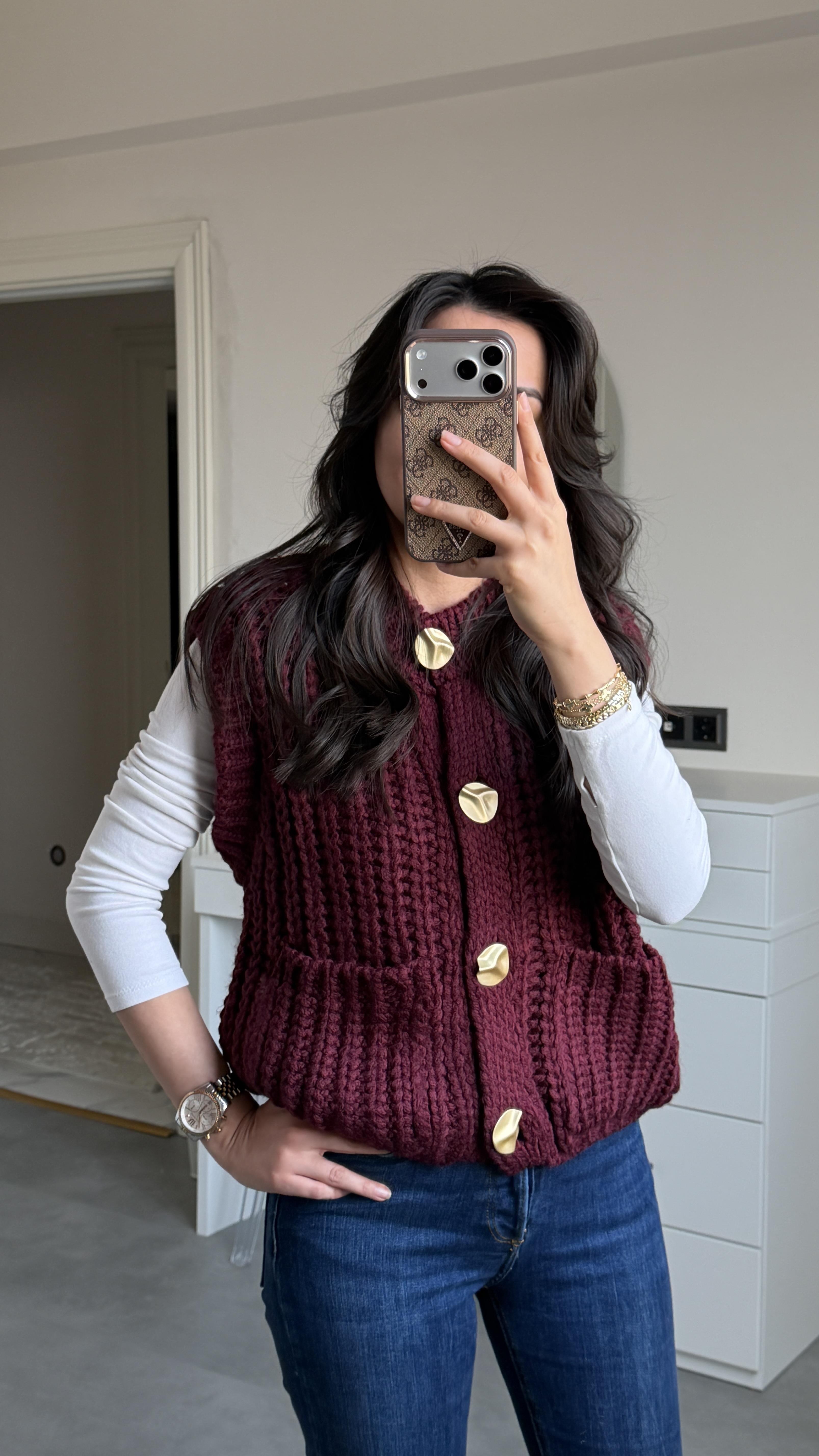 Dilvin Gold Düğmeli Yelek - Bordo