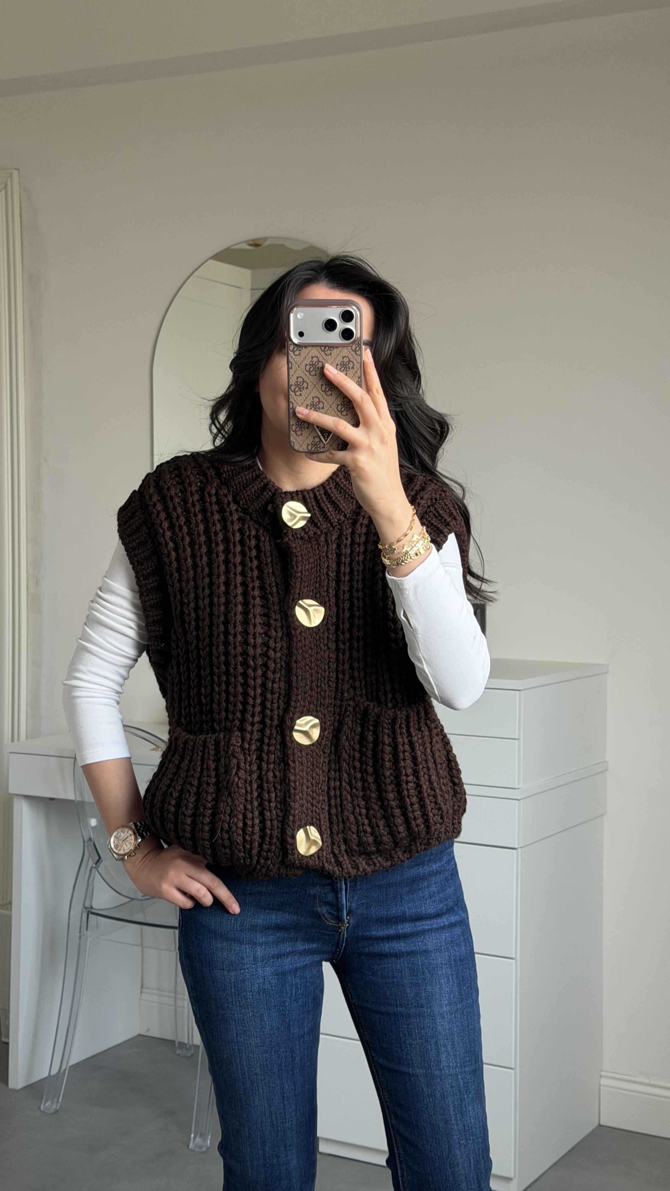 Dilvin Gold Düğmeli Yelek - Kahve 