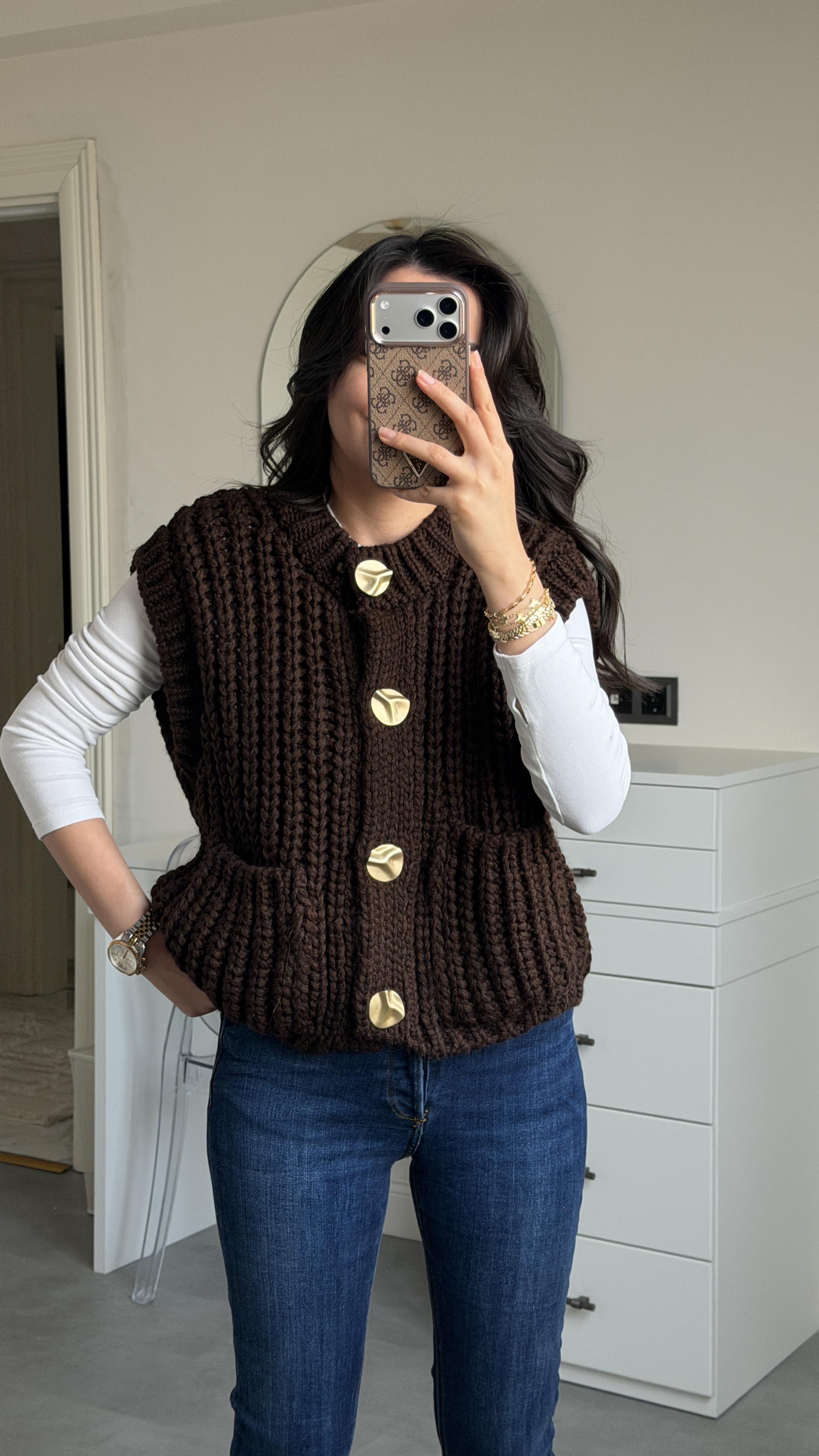 Dilvin Gold Düğmeli Yelek - Kahve 