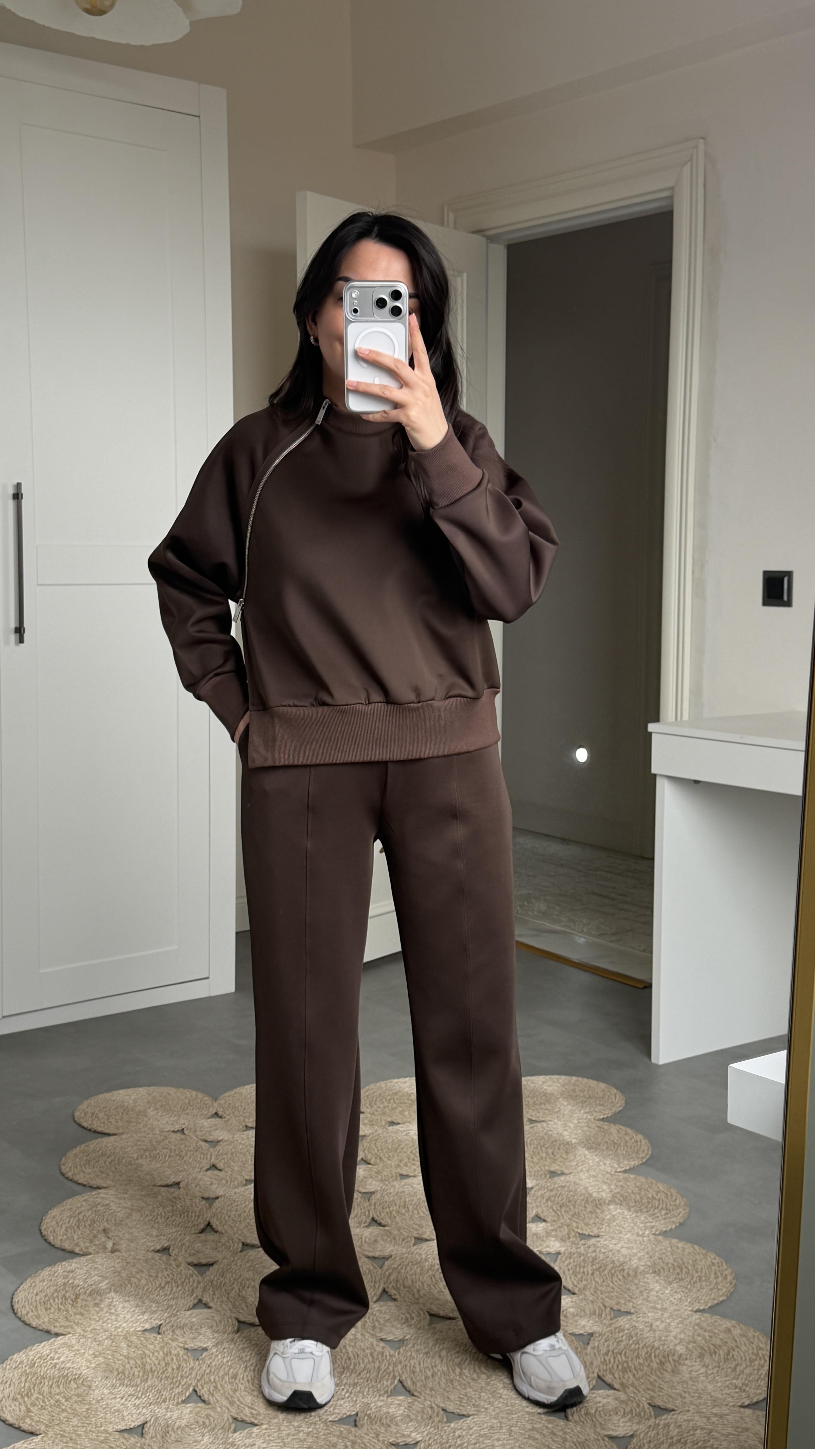 Fermuarlı Detaylı Takım - Kahve