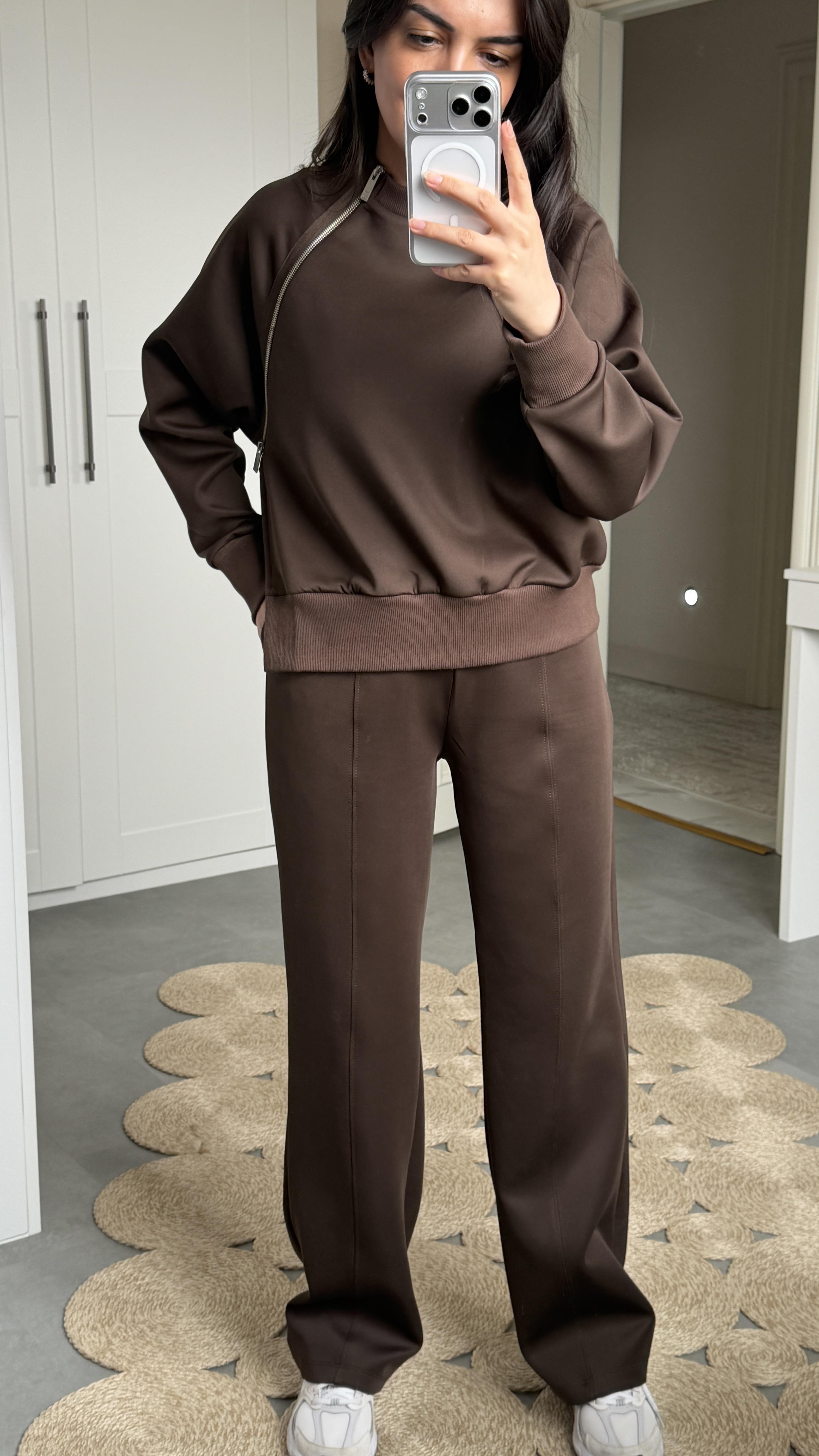 Fermuarlı Detaylı Takım - Kahve