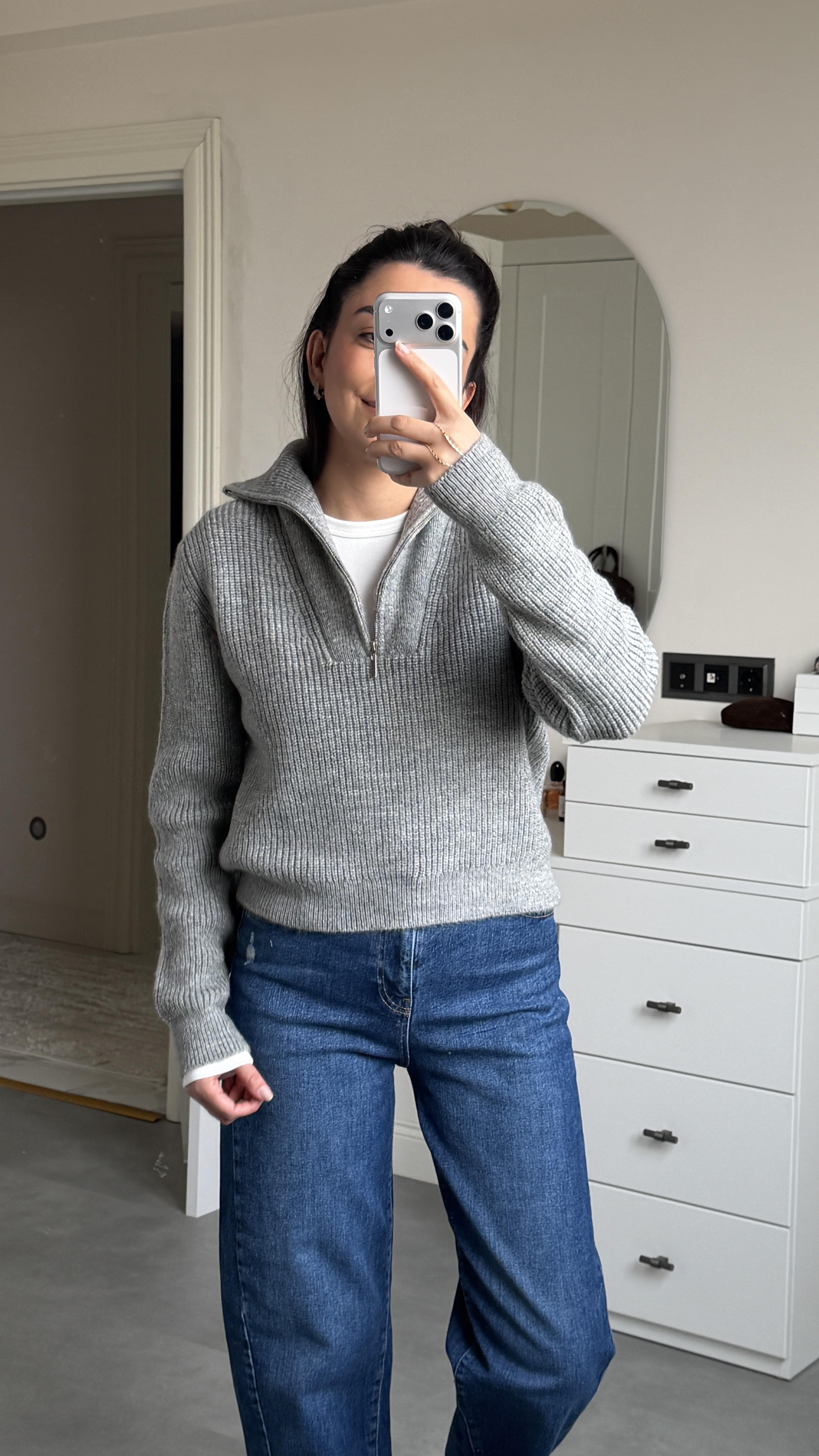 Fermuarlı Kazak - Gri