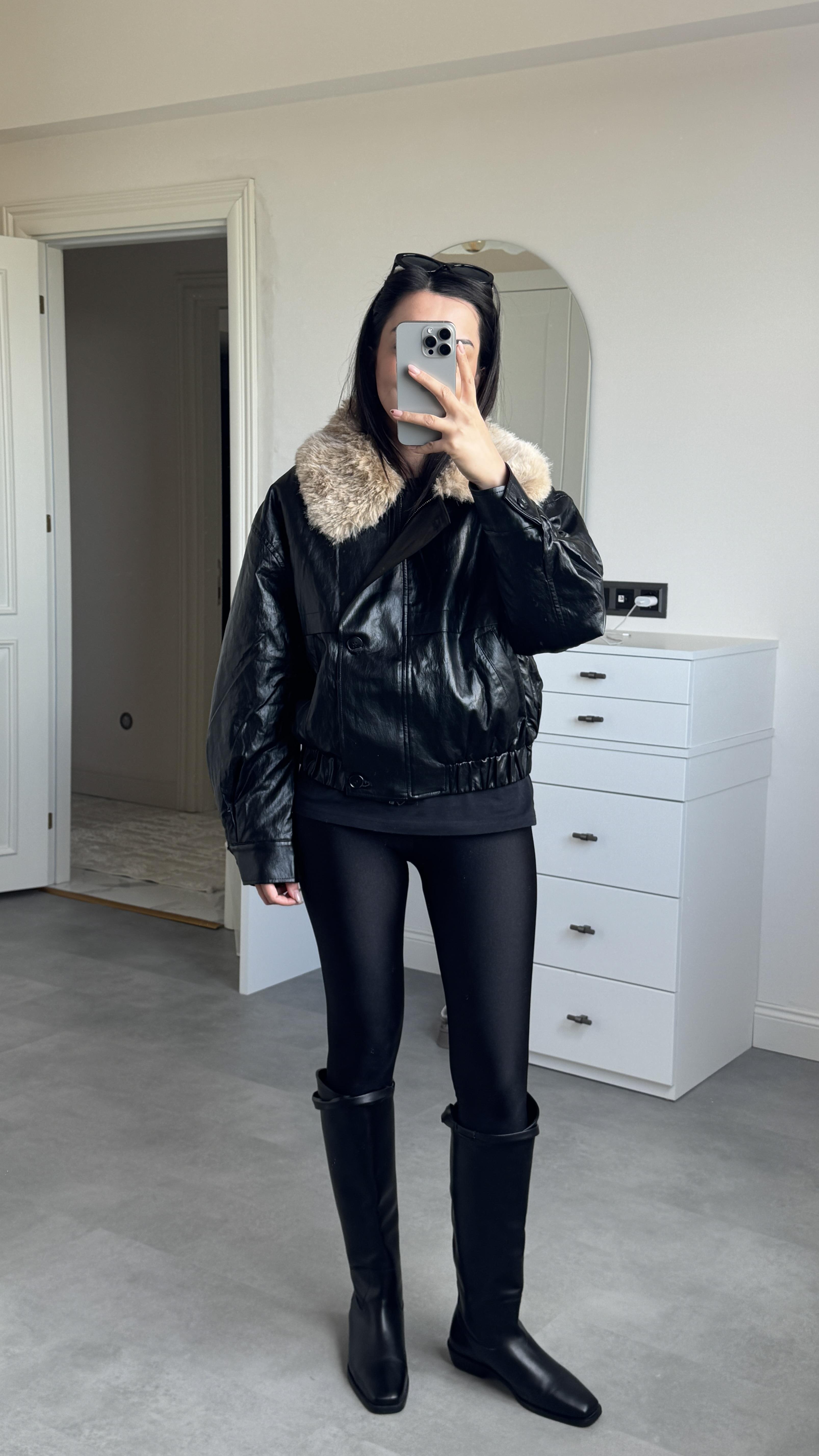 İthal Kürklü Deri Bomber Mont 