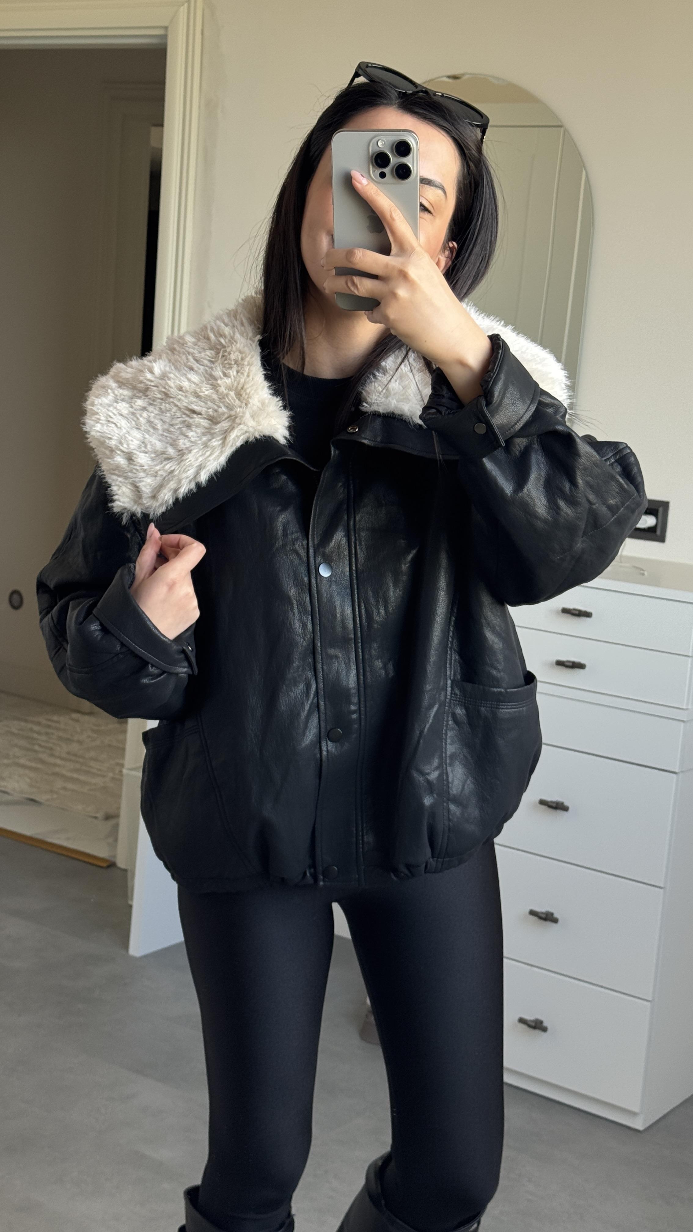 İthal Kürklü Siyah Mont