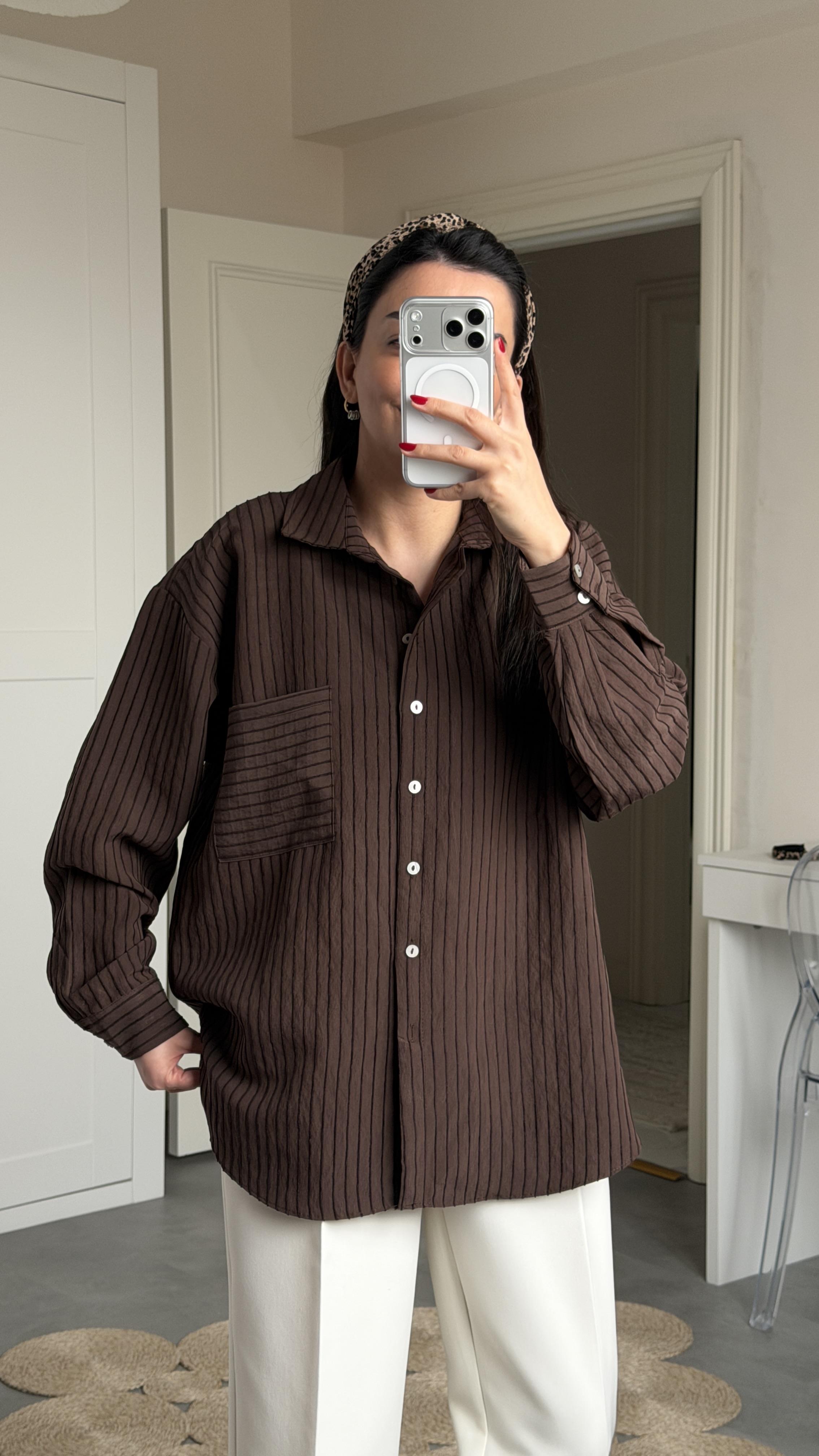 Kadife Çizgili Oversize Gömlek - Kahve 