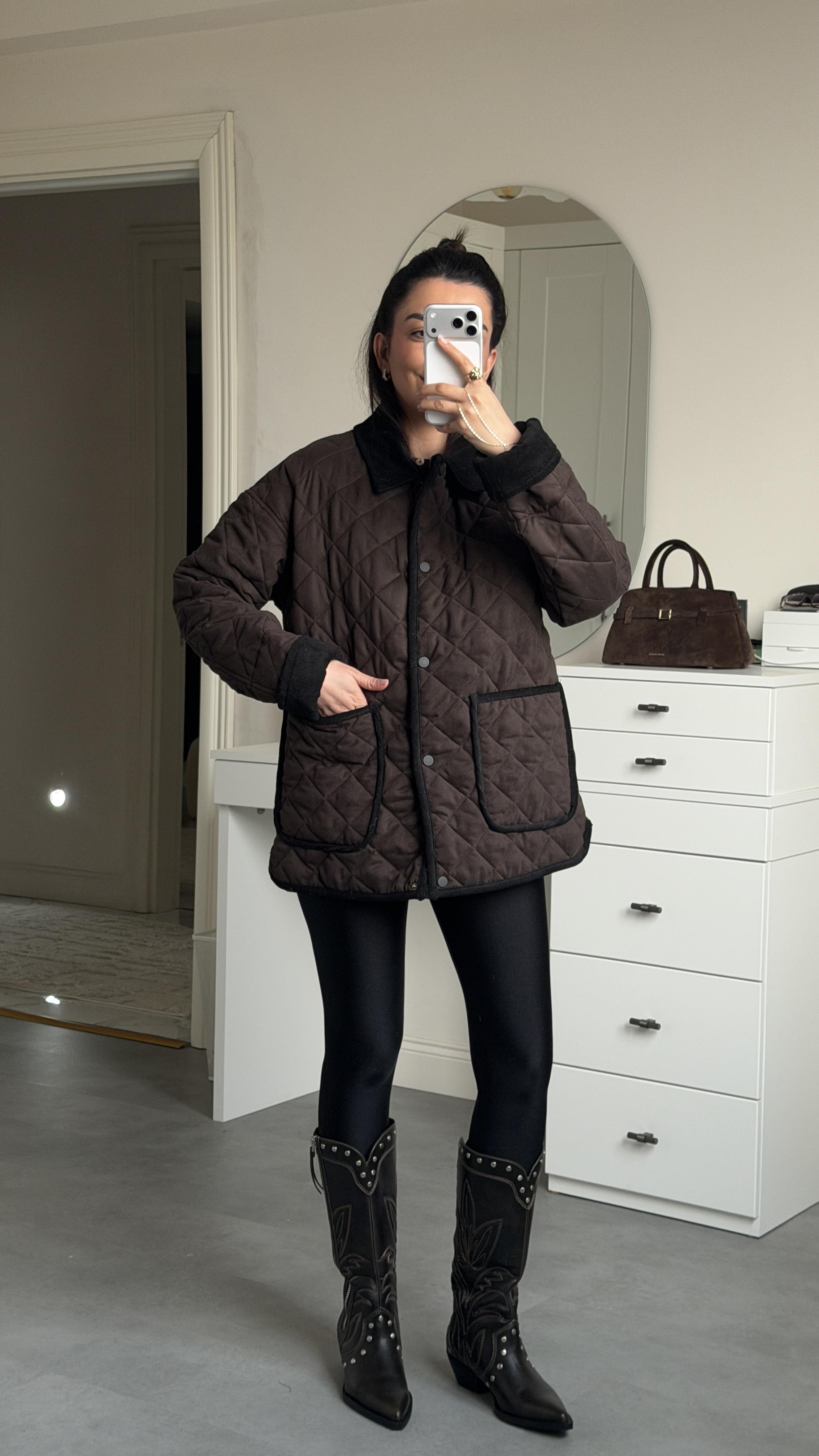 Kapitone Süet Mont - Kahve