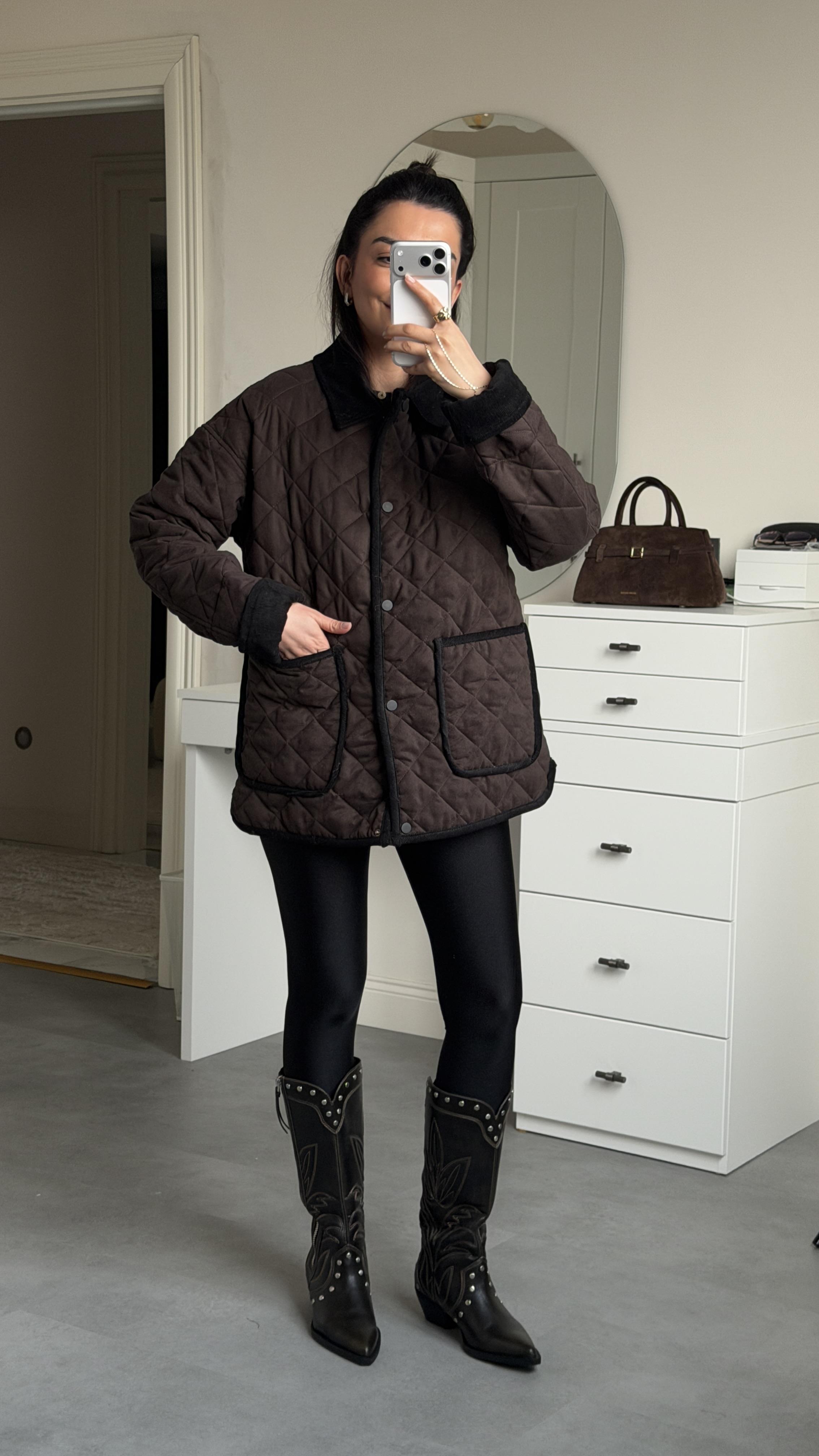 Kapitone Süet Mont - Kahve