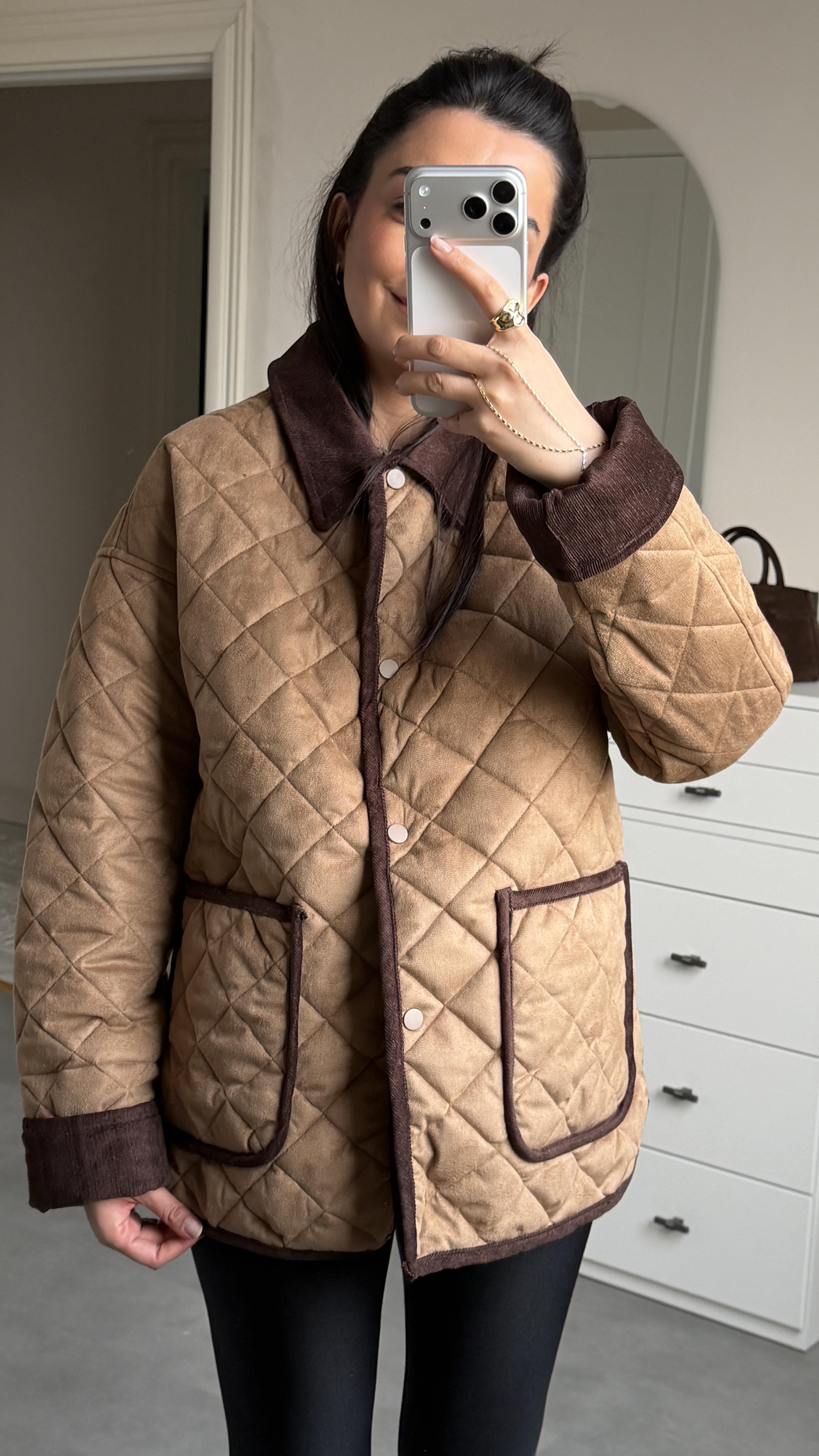 Kapitone Süet Mont - Sütlü Kahve 