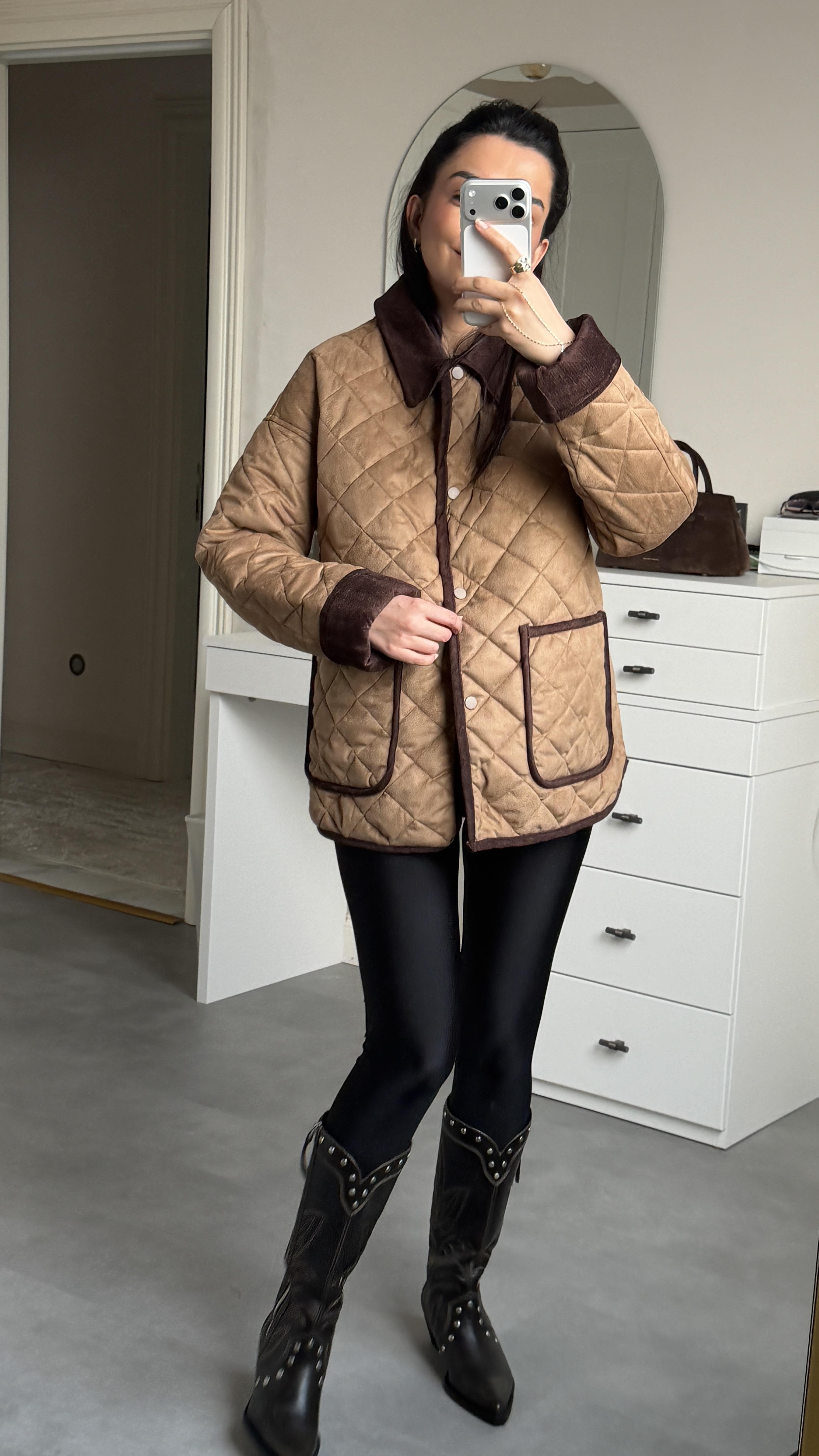 Kapitone Süet Mont - Sütlü Kahve 