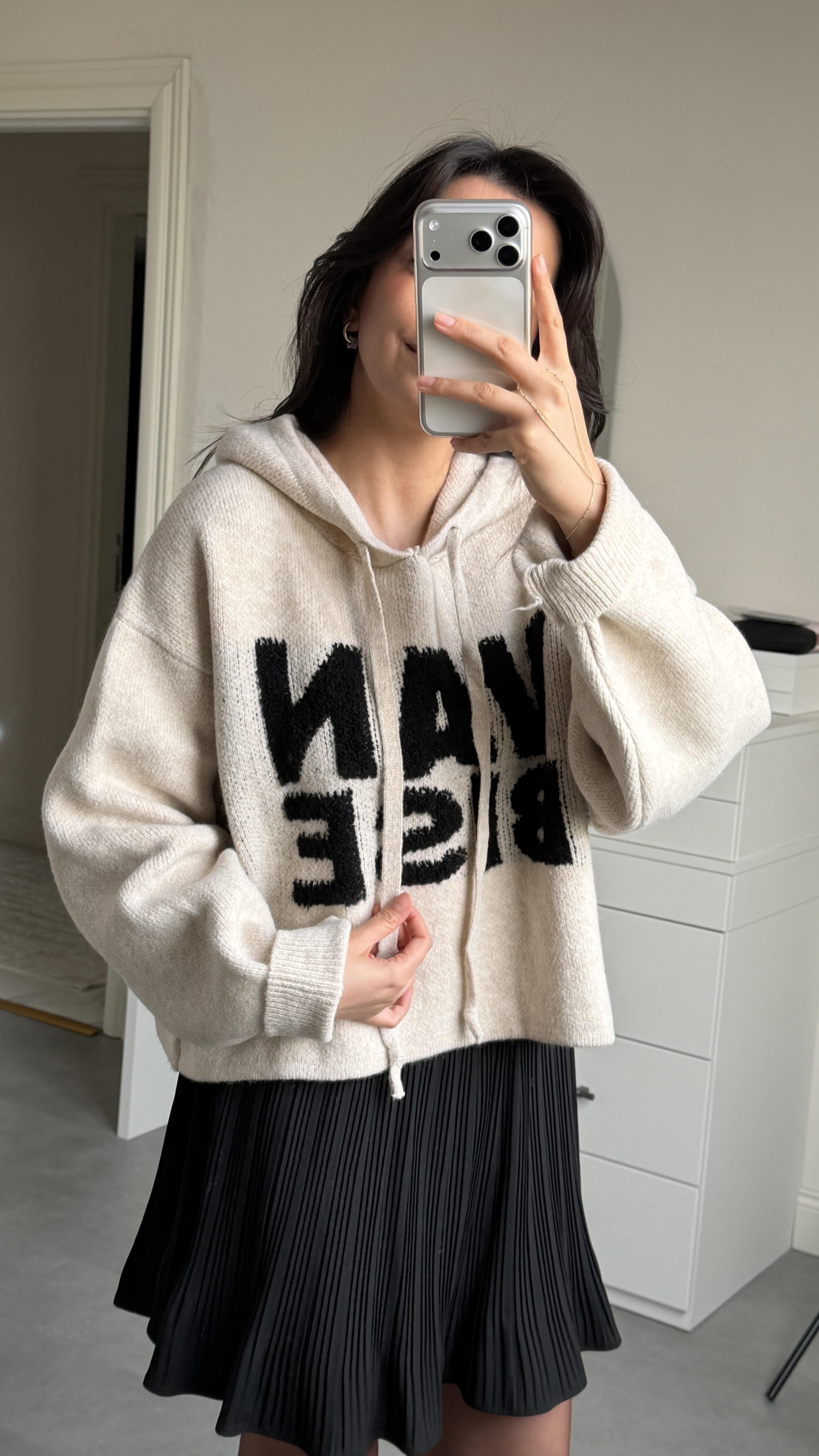 Kapüşonlu Oversize Kazak - Krem