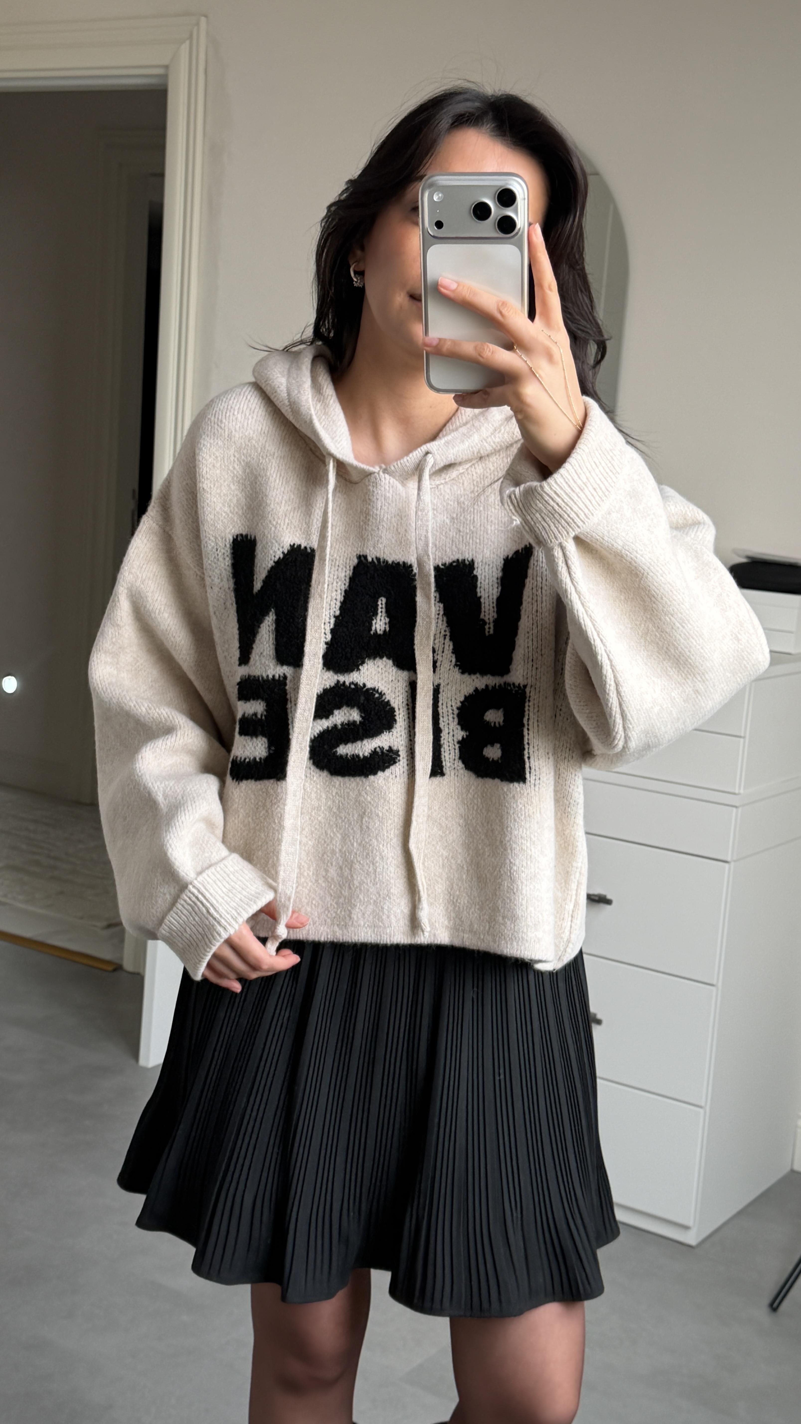 Kapüşonlu Oversize Kazak - Krem