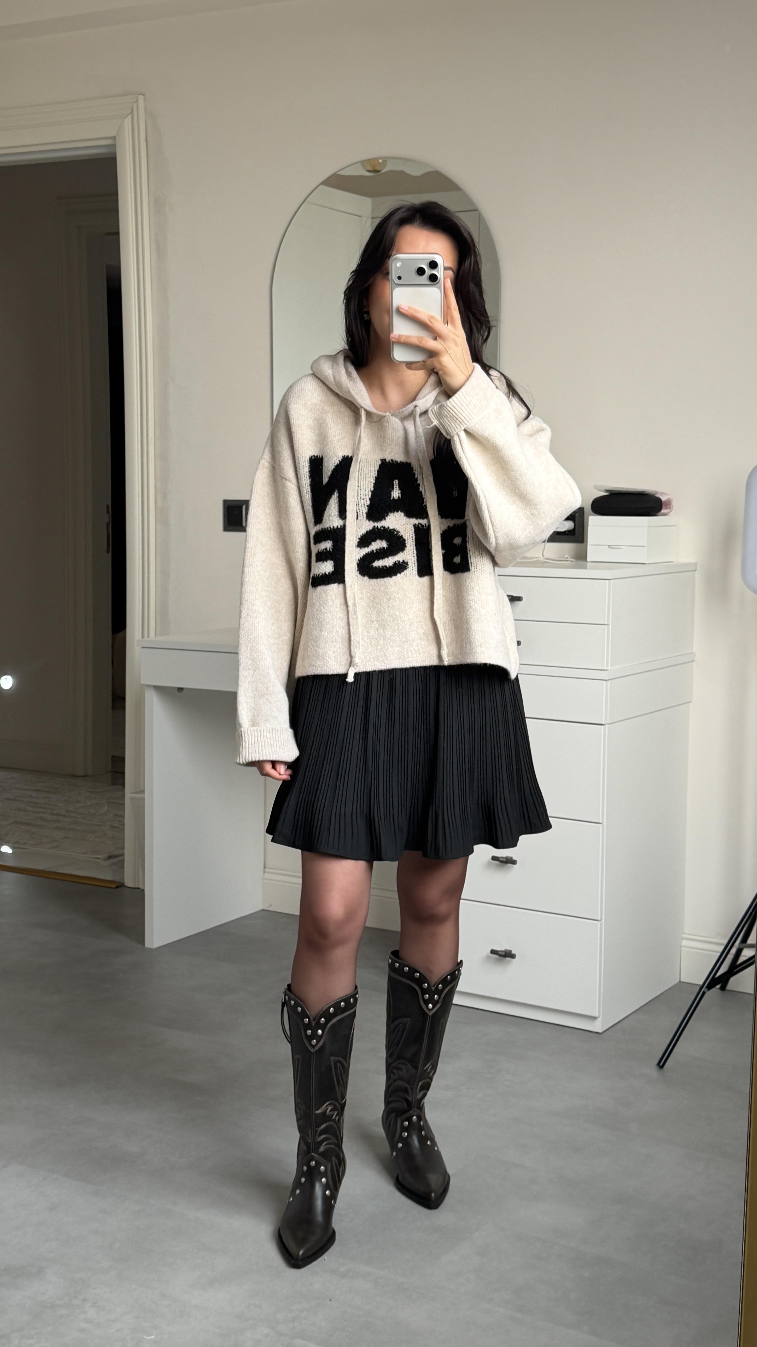 Kapüşonlu Oversize Kazak - Krem