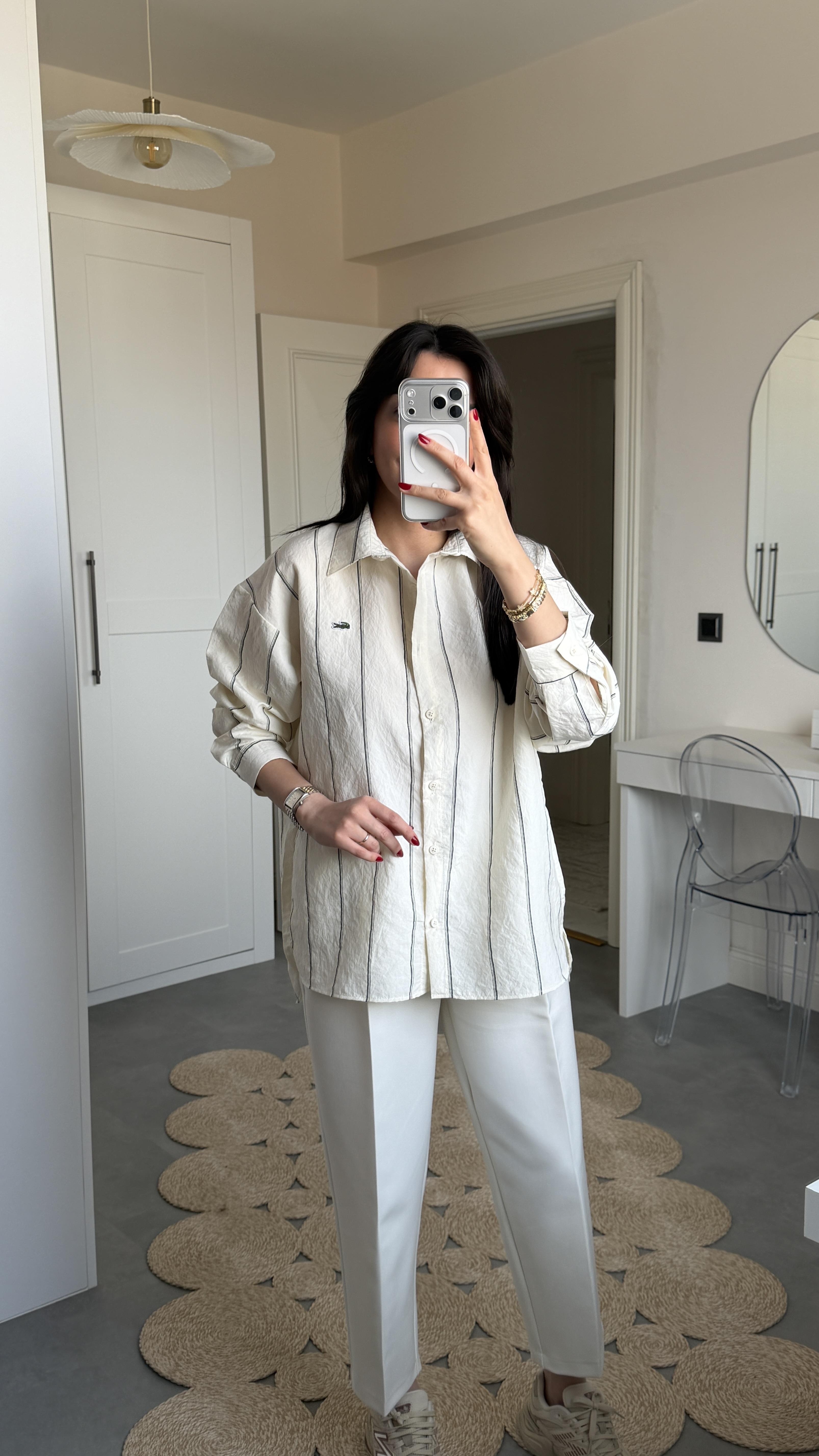 Lcs Çizgili Oversize Gömlek - Bej