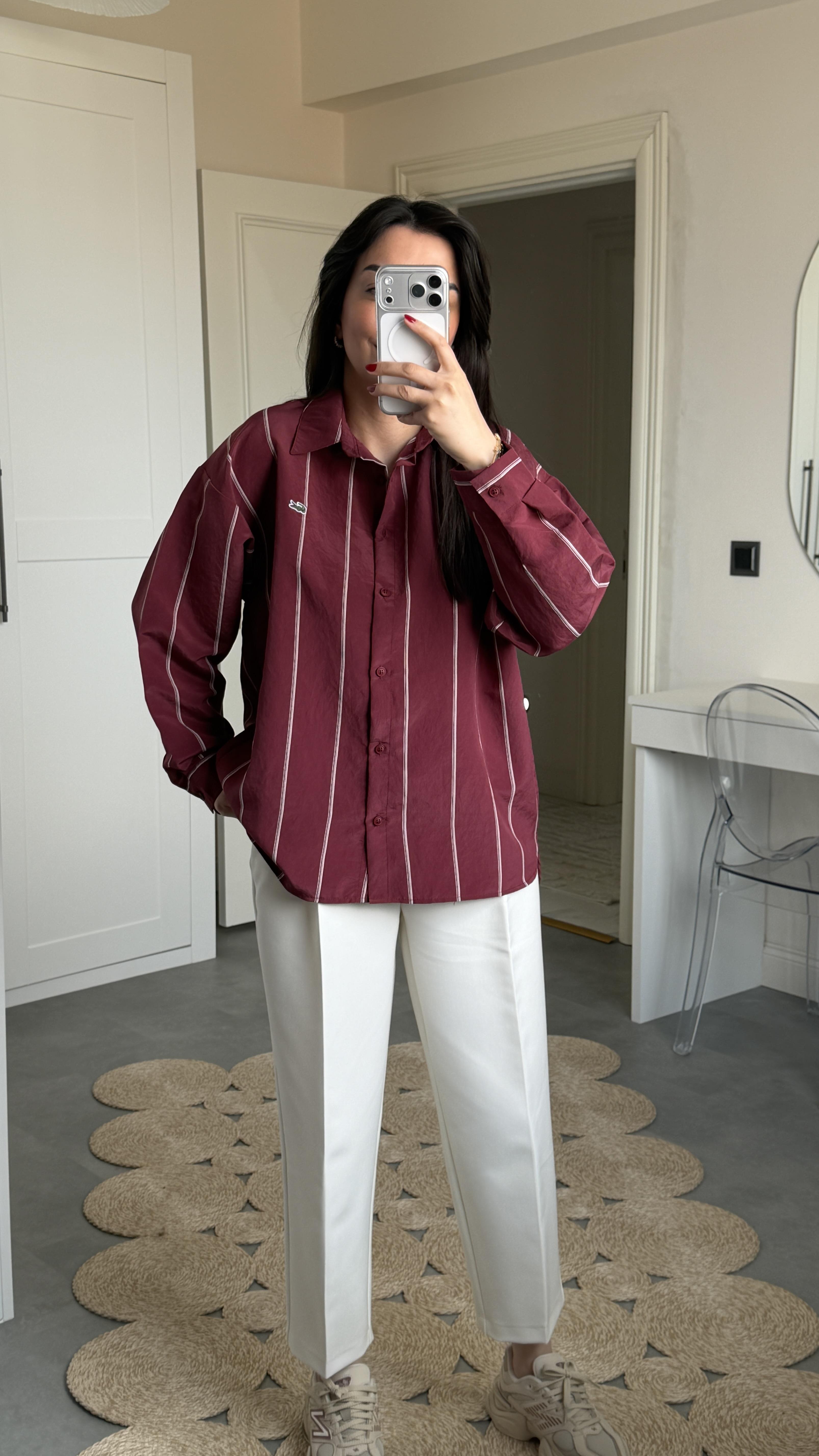 Lcs Çizgili Oversize Gömlek - Bordo