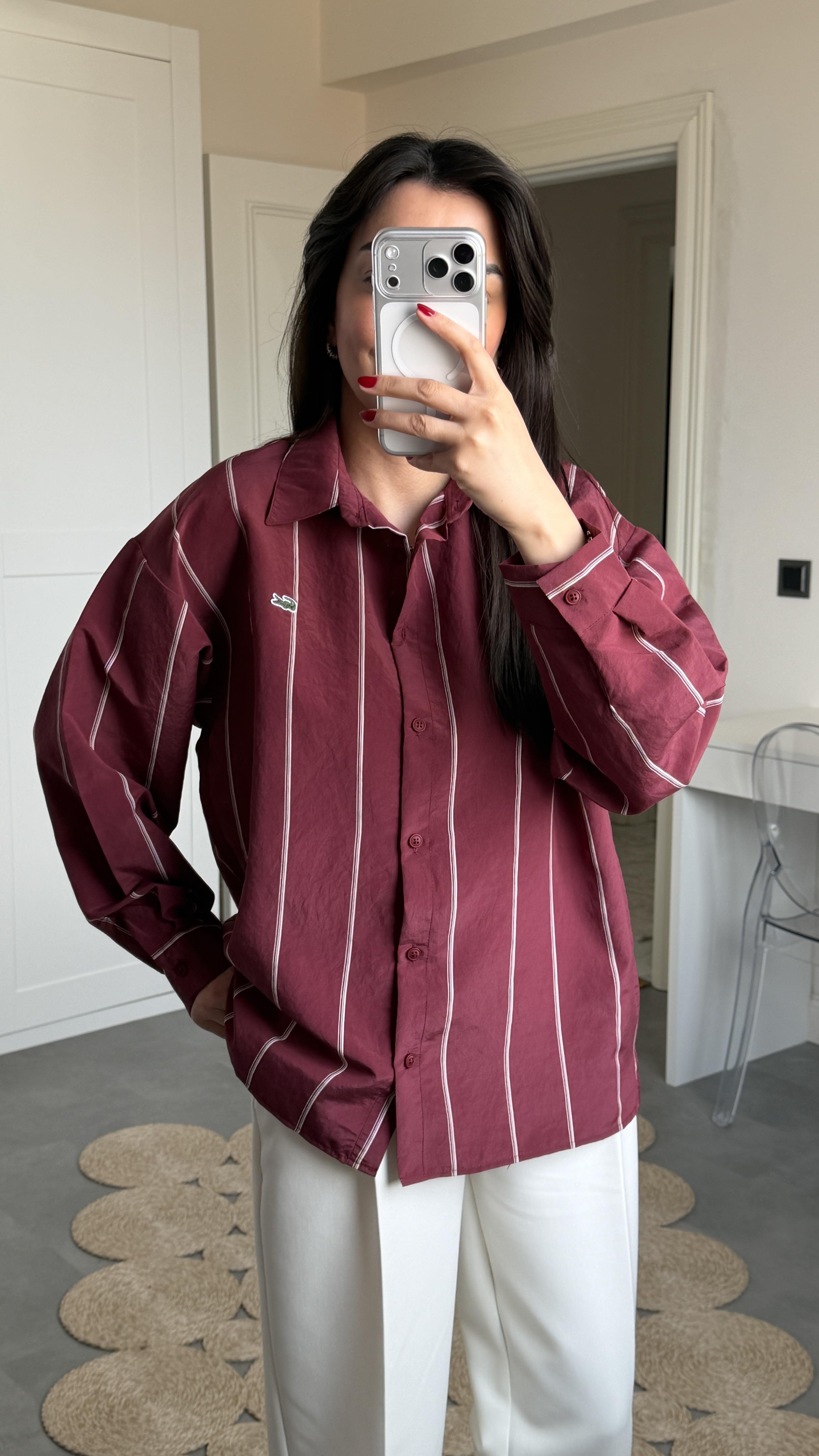 Lcs Çizgili Oversize Gömlek - Bordo