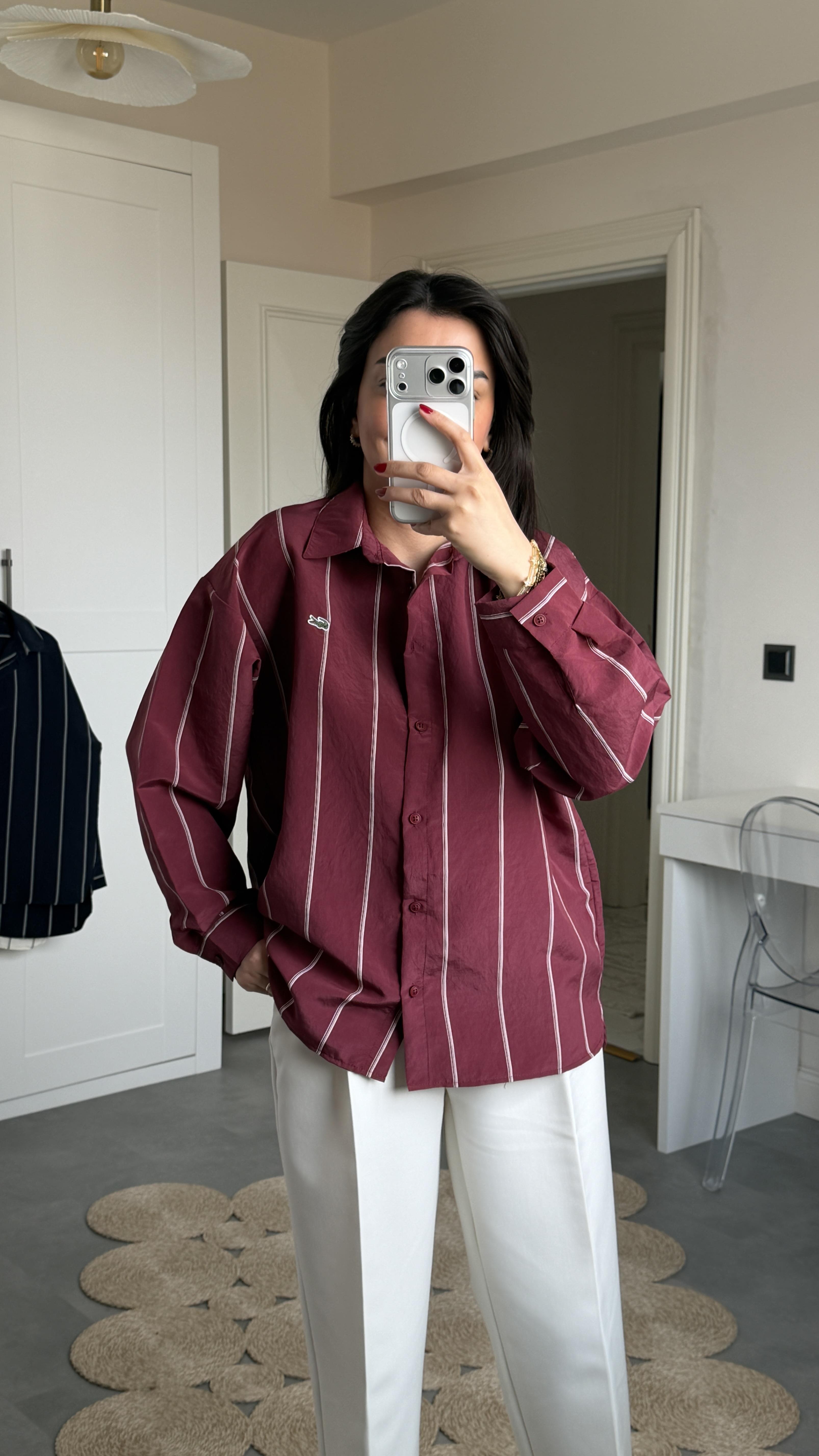 Lcs Çizgili Oversize Gömlek - Bordo