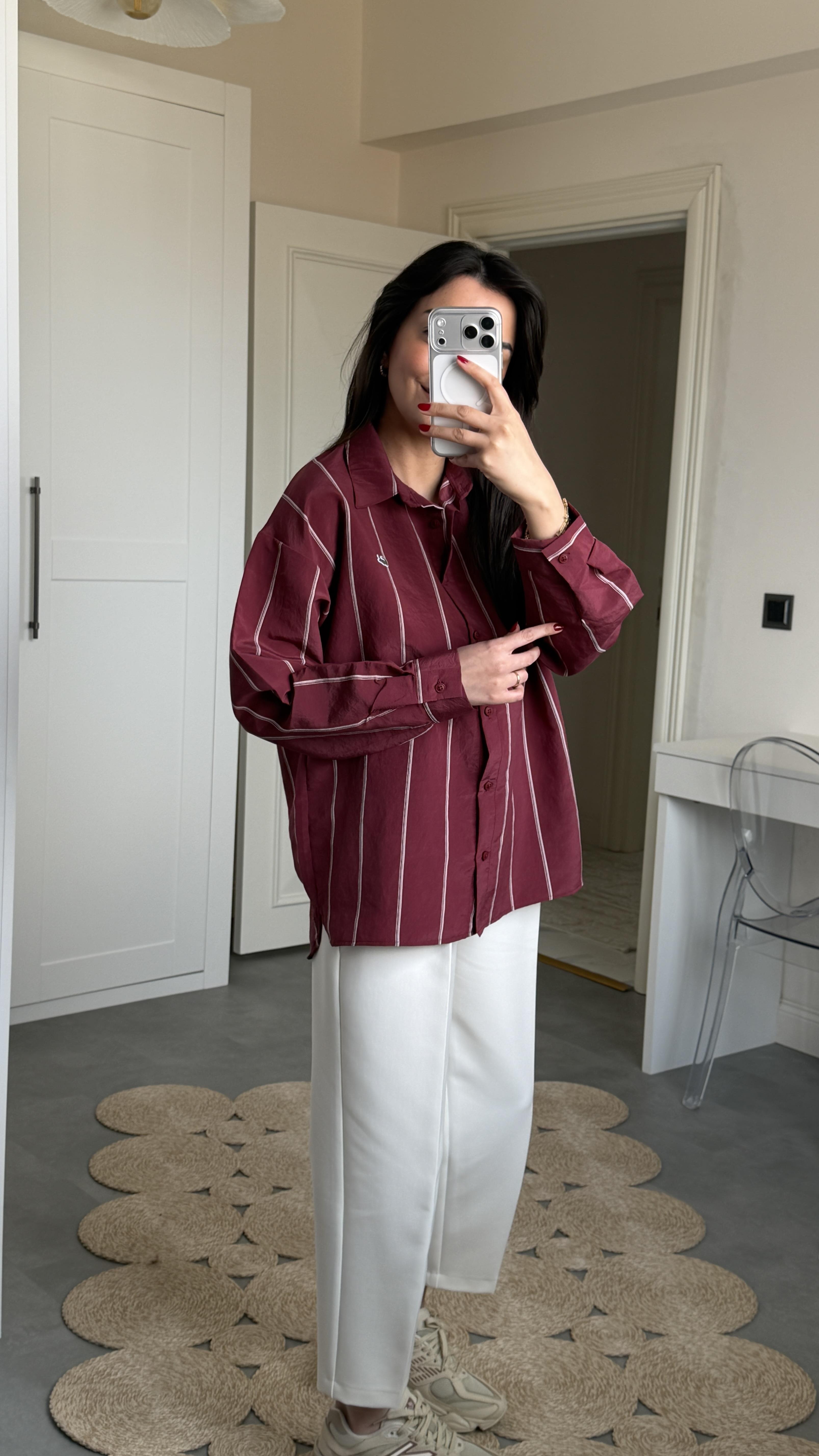 Lcs Çizgili Oversize Gömlek - Bordo