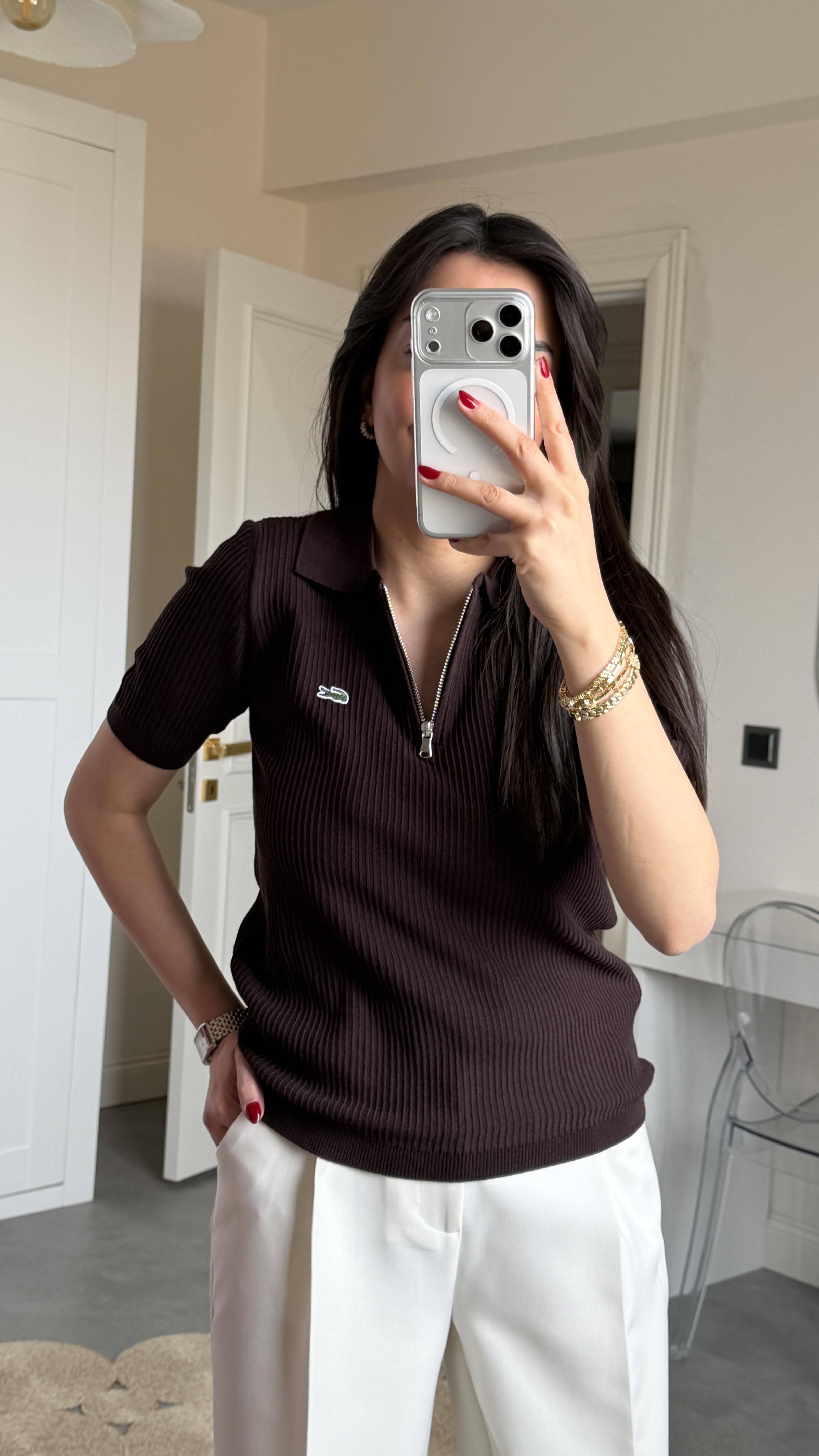 Lcs Polo Yaka Fermuarlı Triko - Kahve