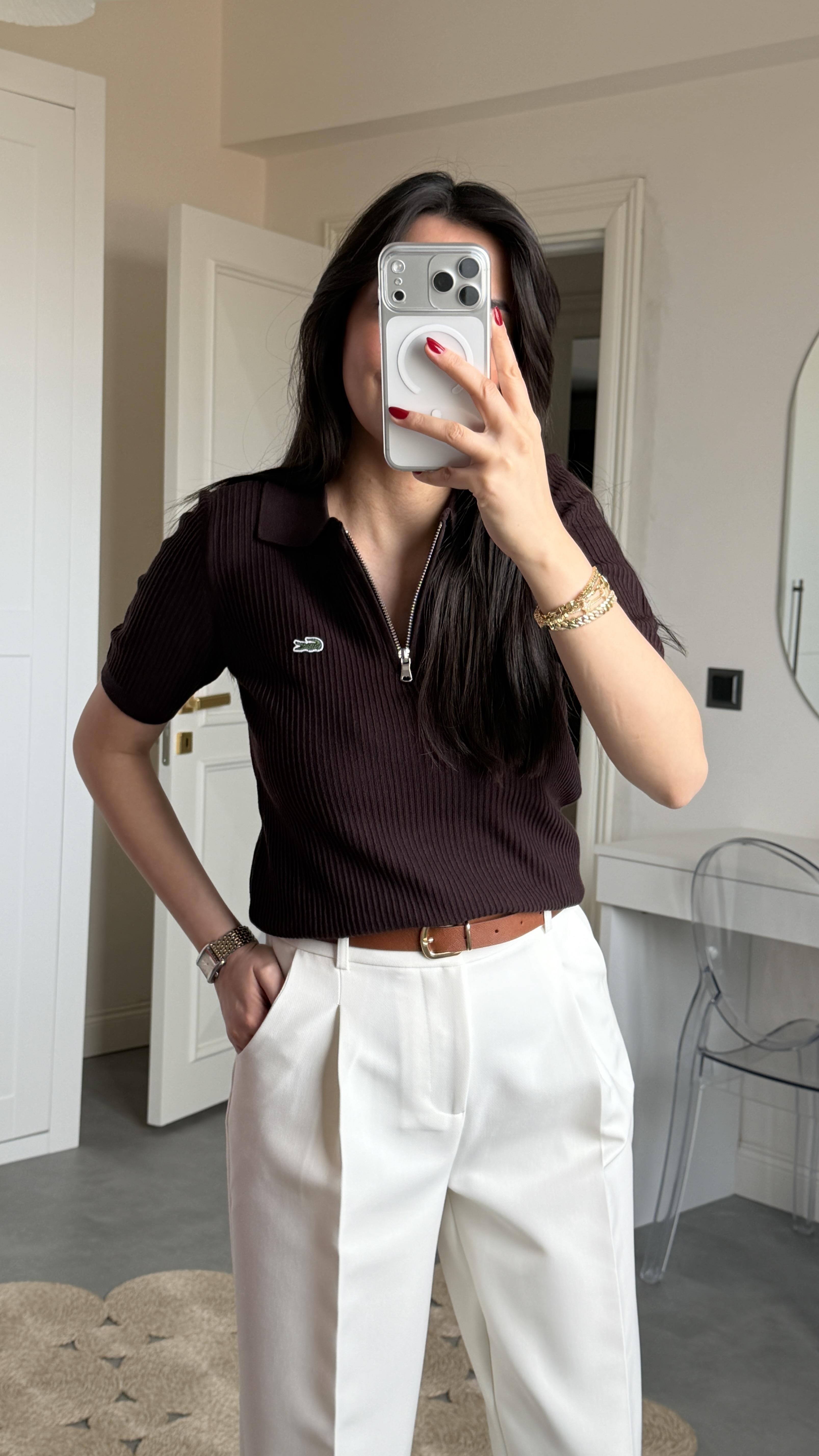 Lcs Polo Yaka Fermuarlı Triko - Kahve