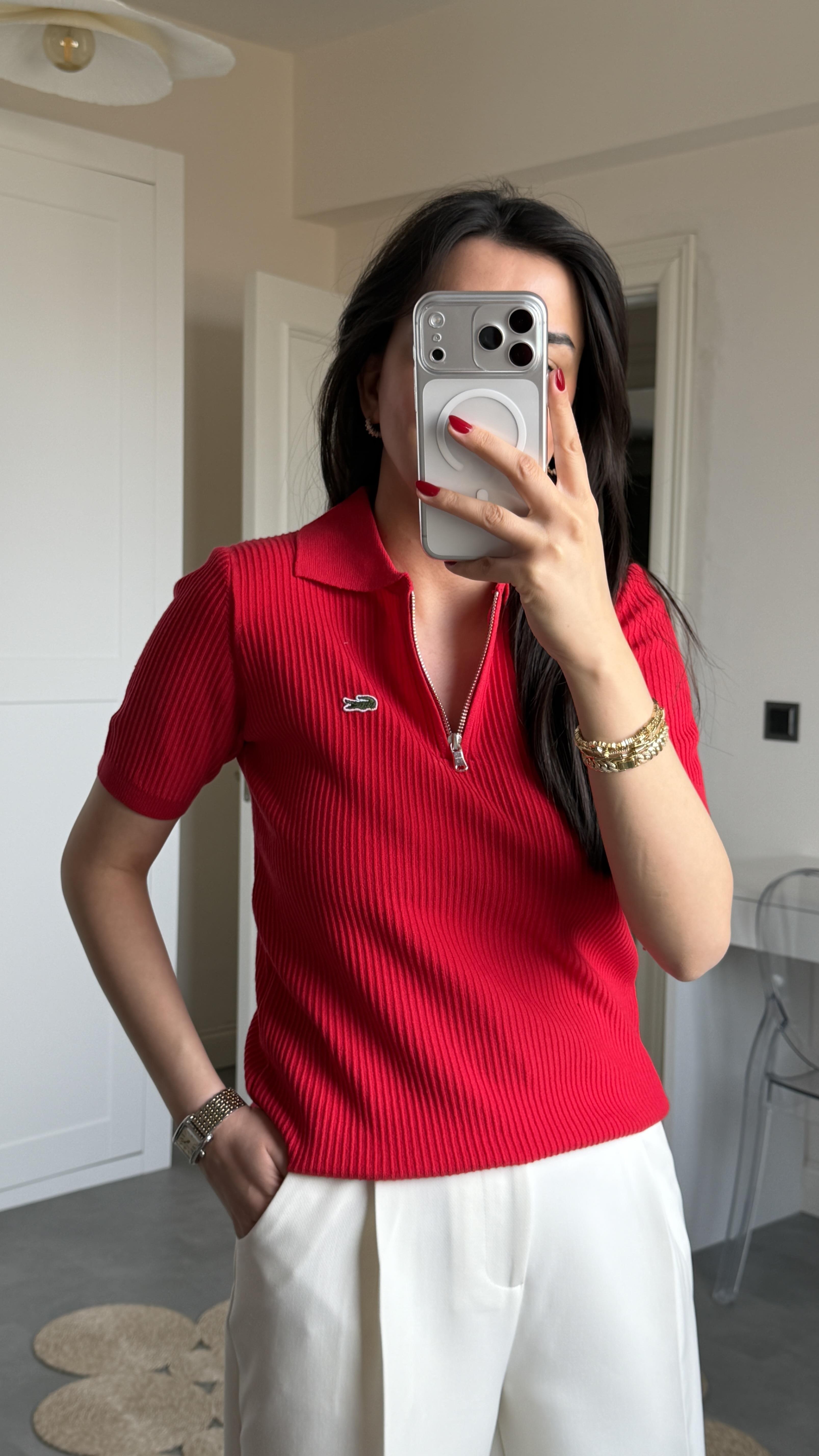 Lcs Polo Yaka Fermuarlı Triko - Kırmızı 