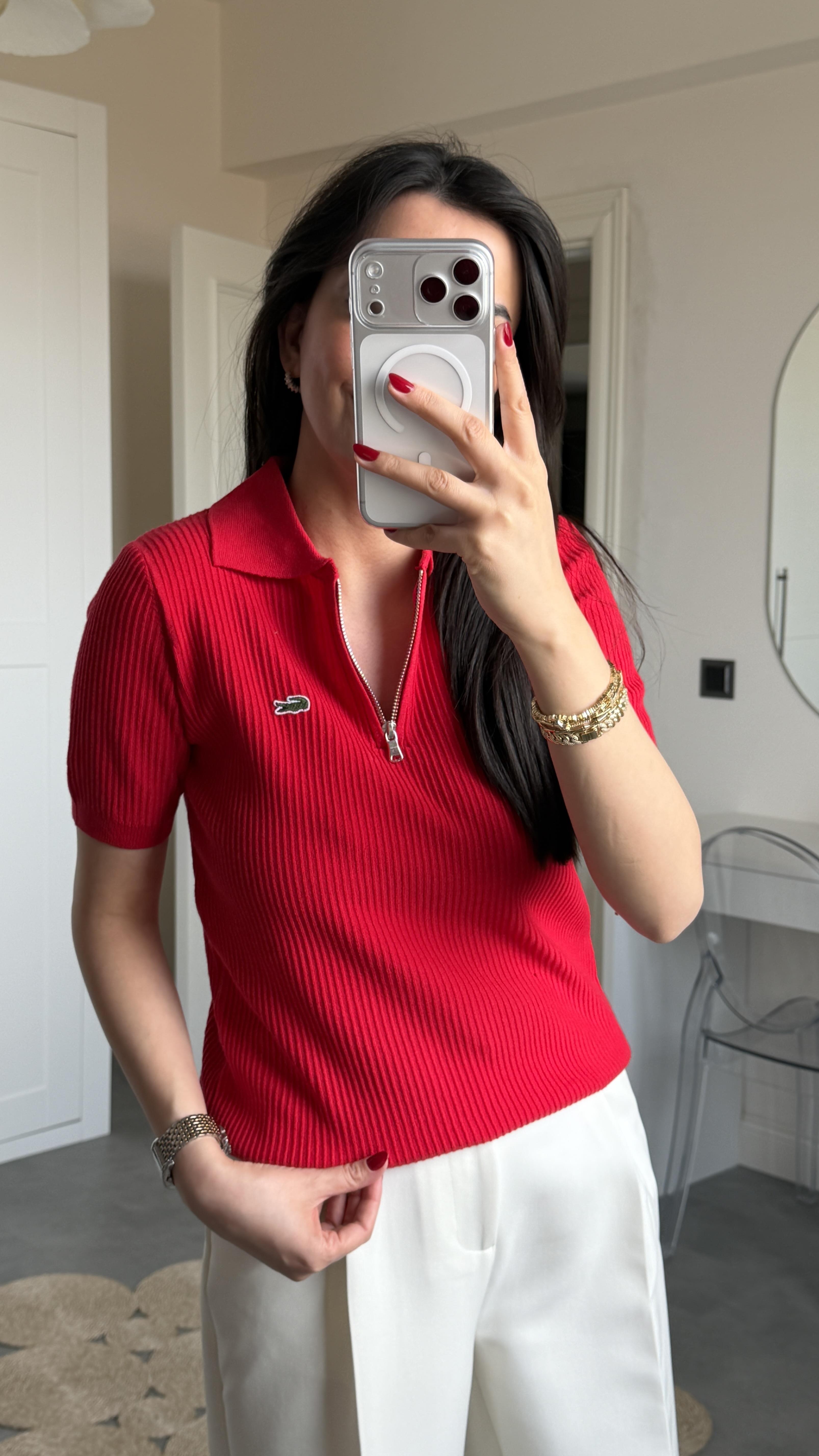 Lcs Polo Yaka Fermuarlı Triko - Kırmızı 