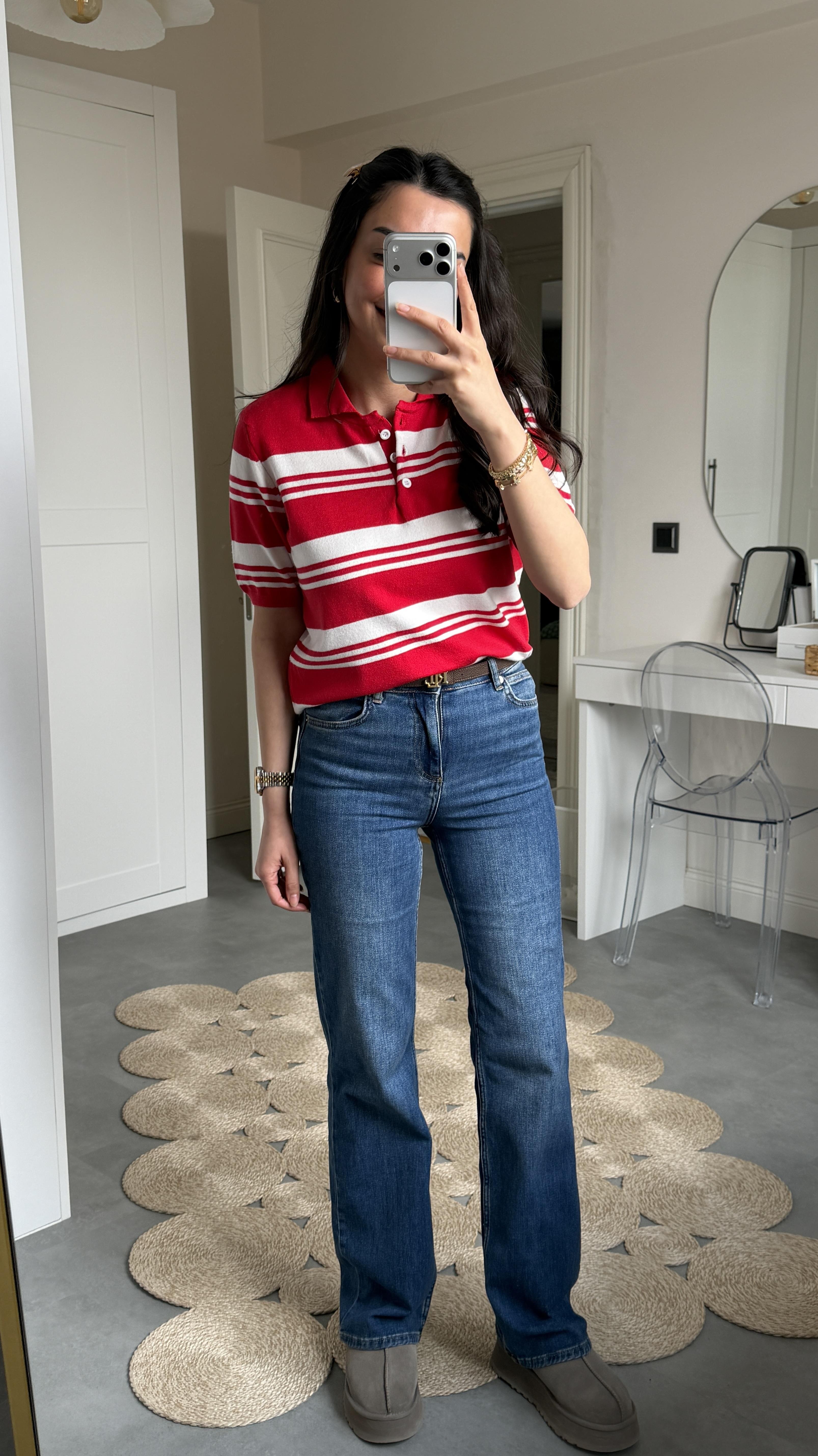 Massi Çizgili Polo Yaka Triko - Kırmızı