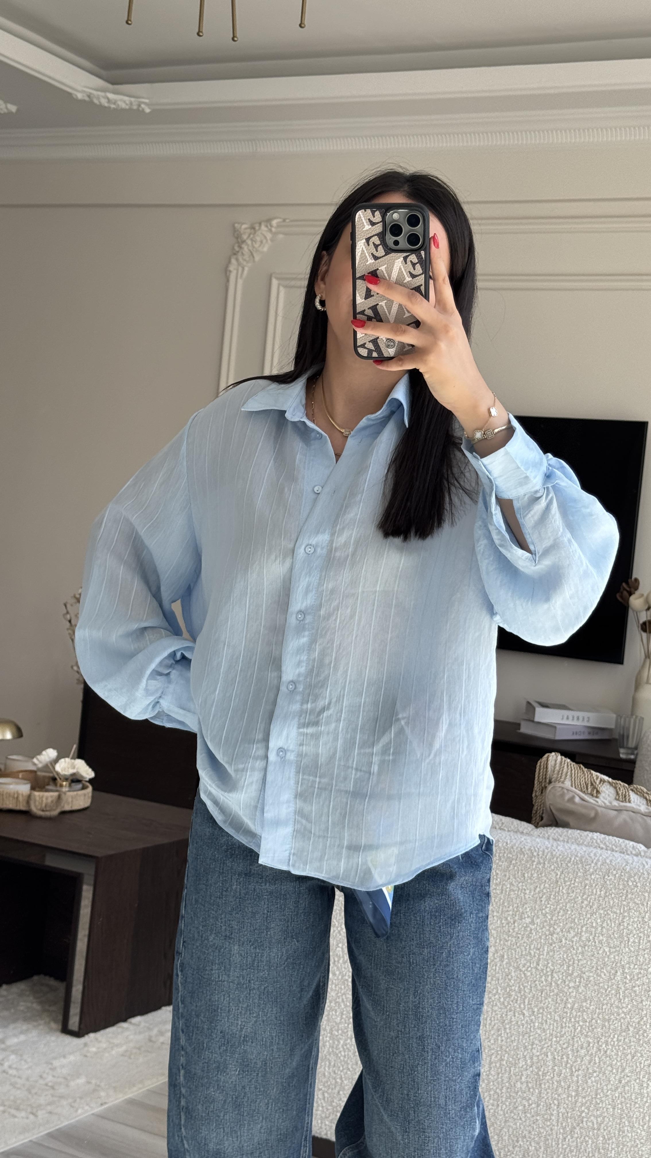 Mavi Çizgili Oversize Gömlek 