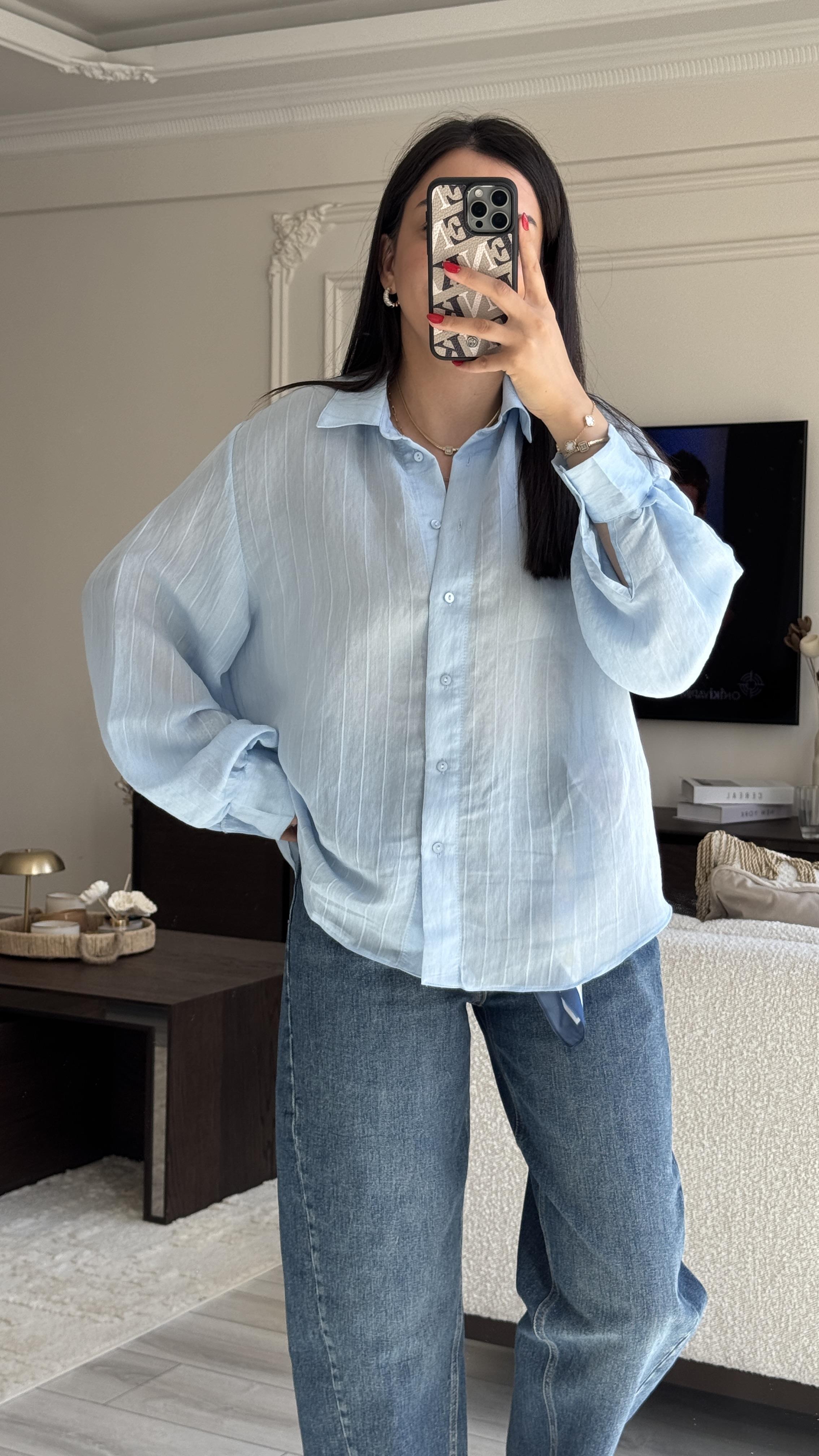 Mavi Çizgili Oversize Gömlek 