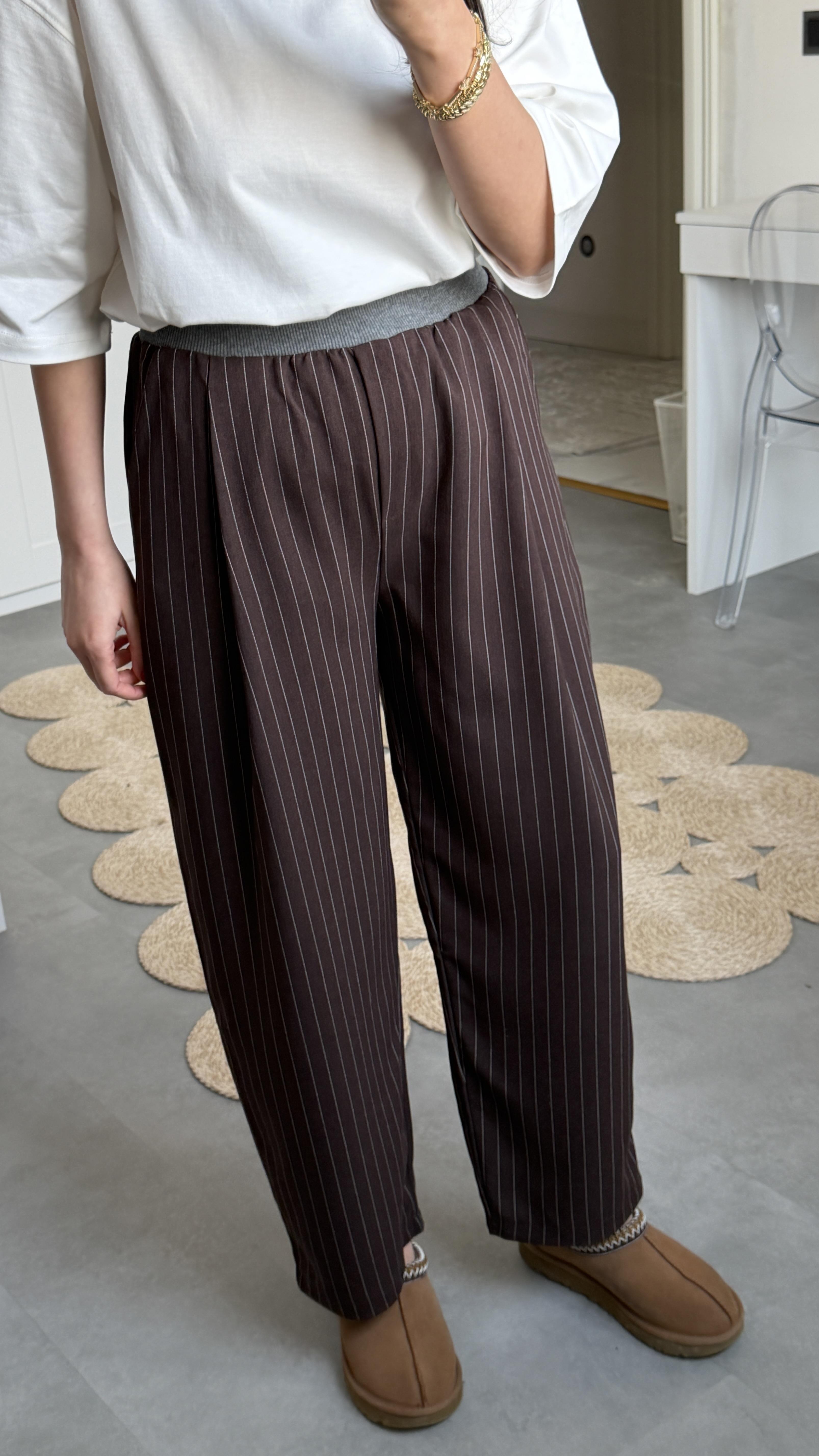 Miu Çizgili Pantolon - Kahve 