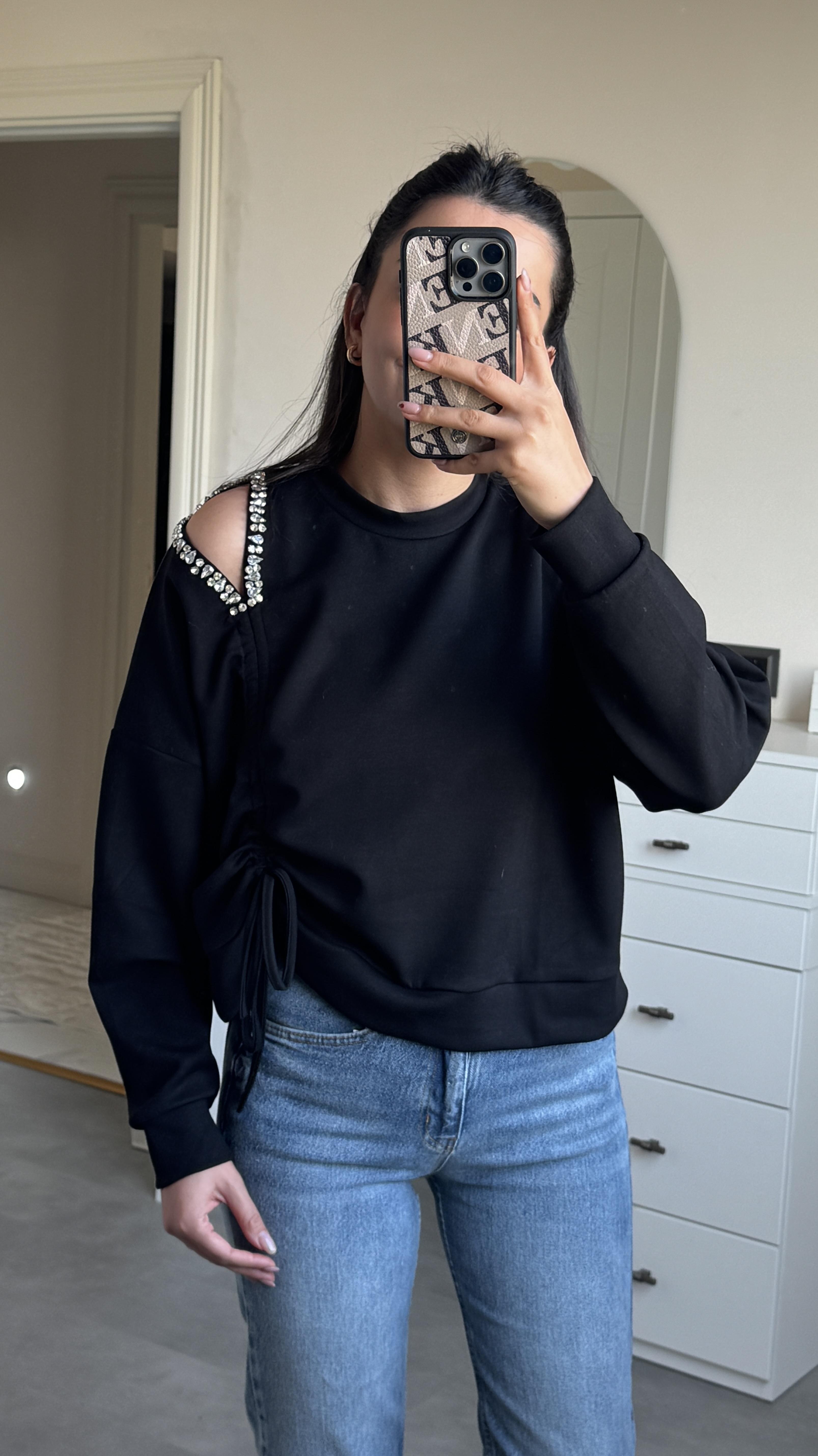 Omzu Taşlı Sweat - Siyah