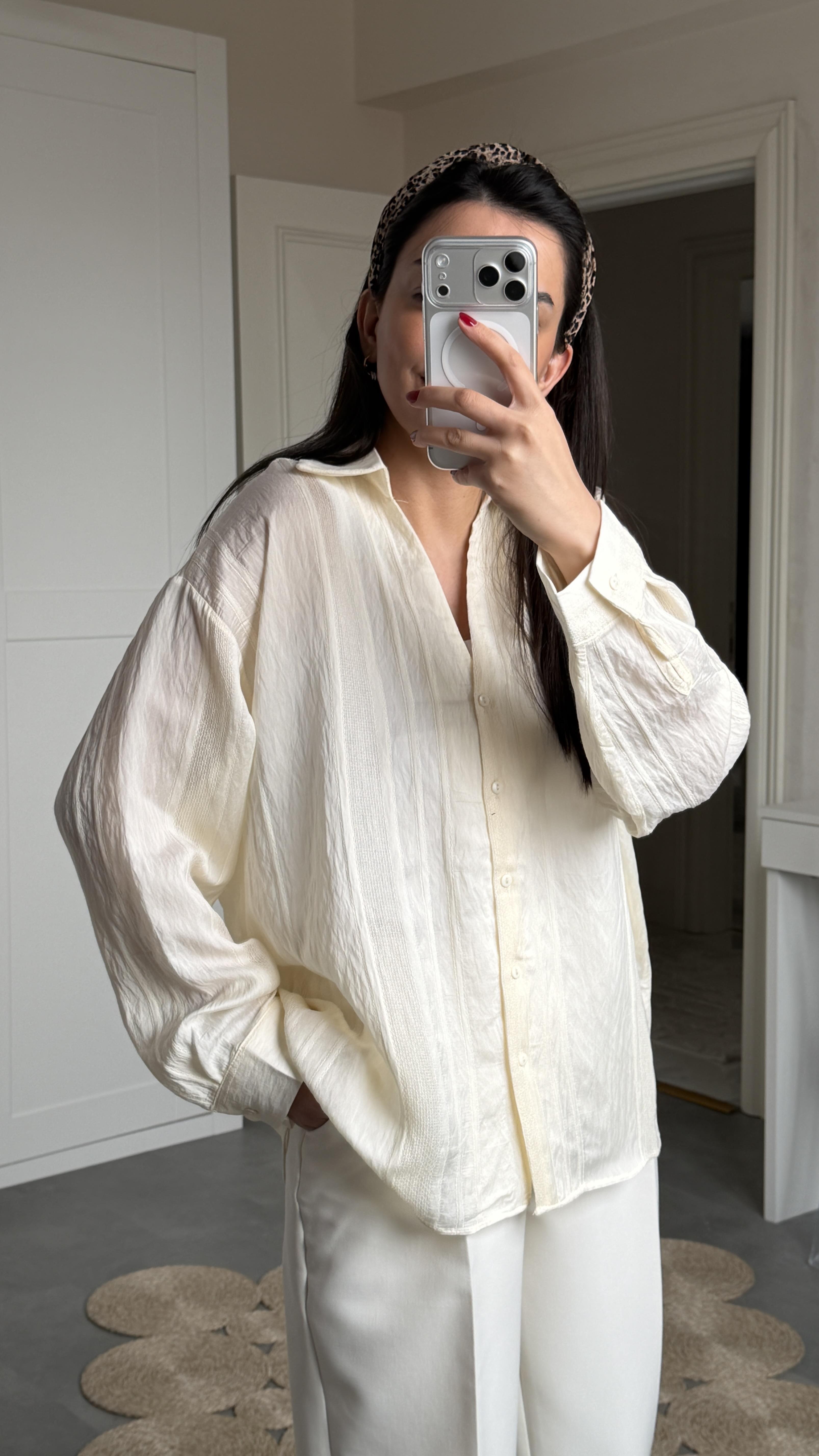 Oversize Transparan Gömlek - Bej 