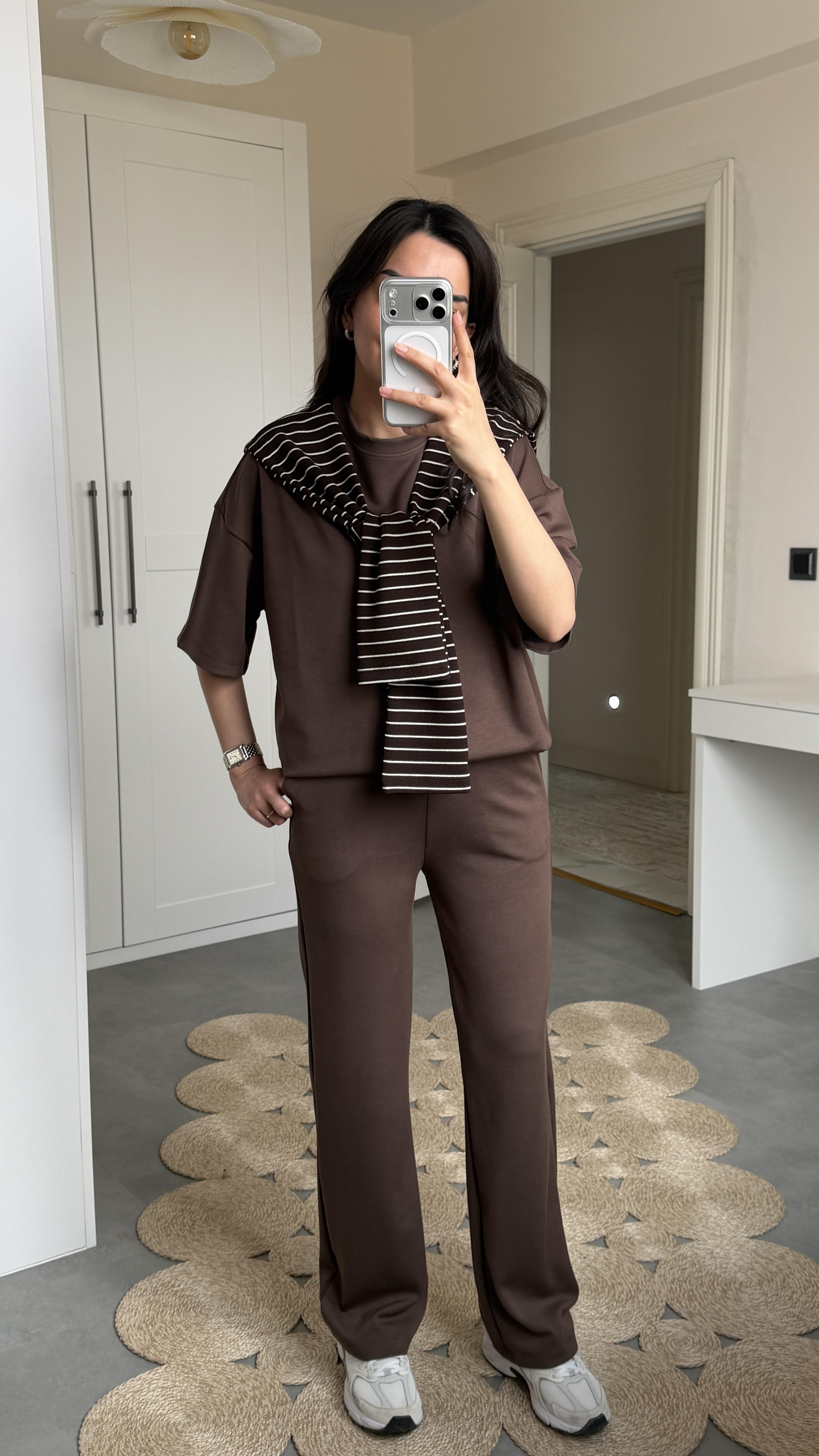 Şallı Çizgili 3lü Takım- Kahve