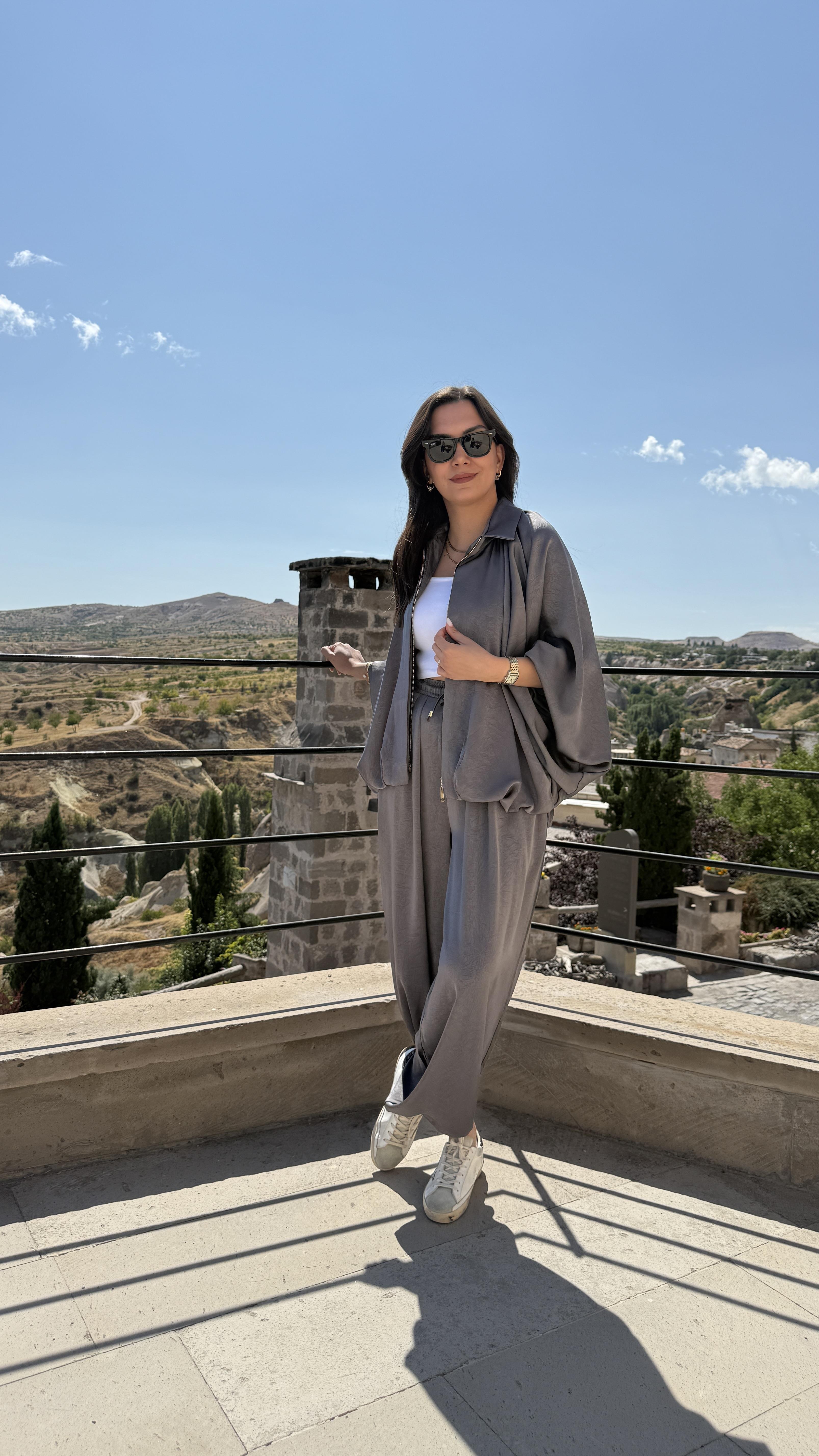 Saten Bomber Ceket Takım - Gri 