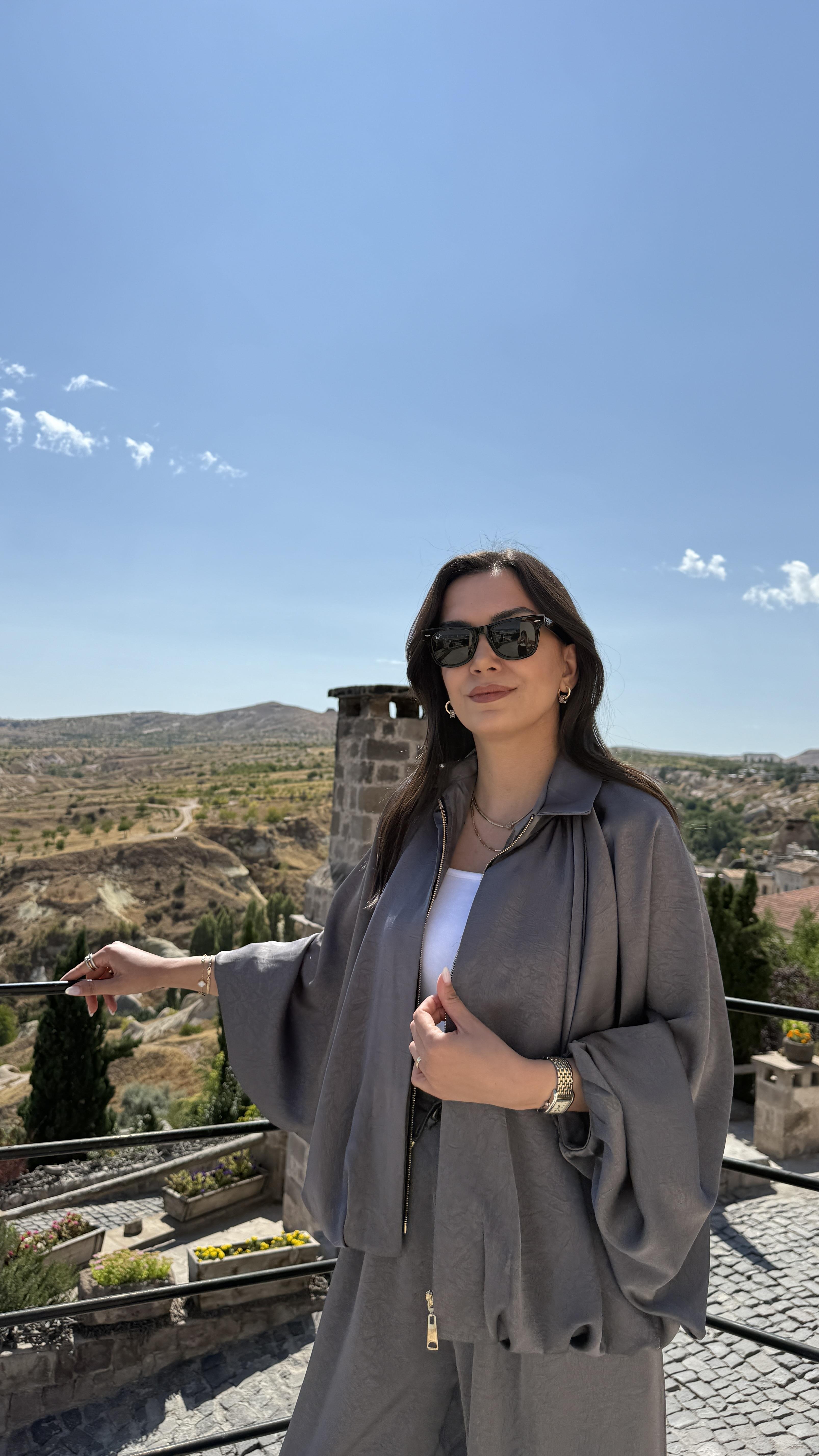 Saten Bomber Ceket Takım - Gri 