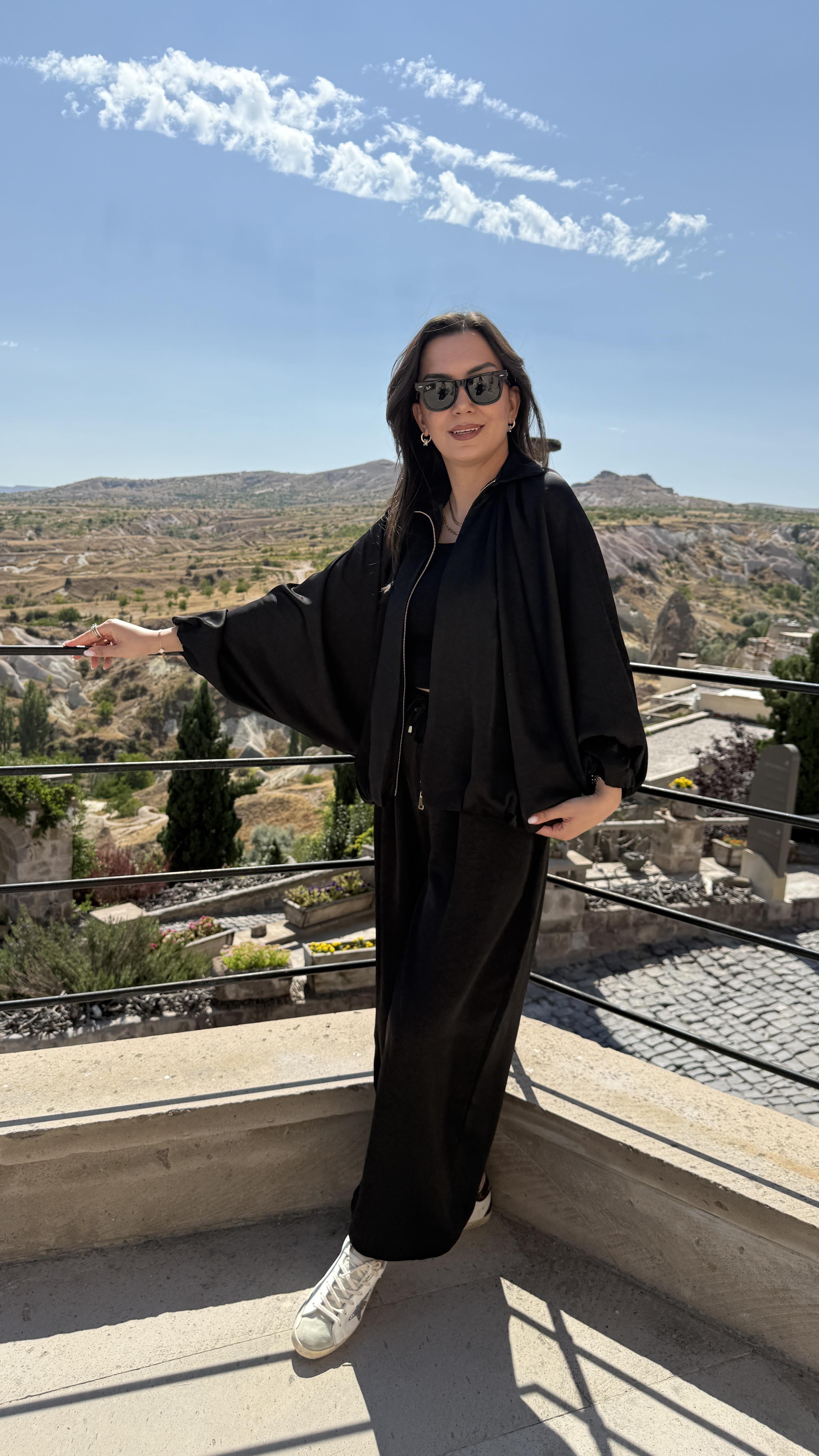 Saten Bomber Ceket Takım - Siyah 