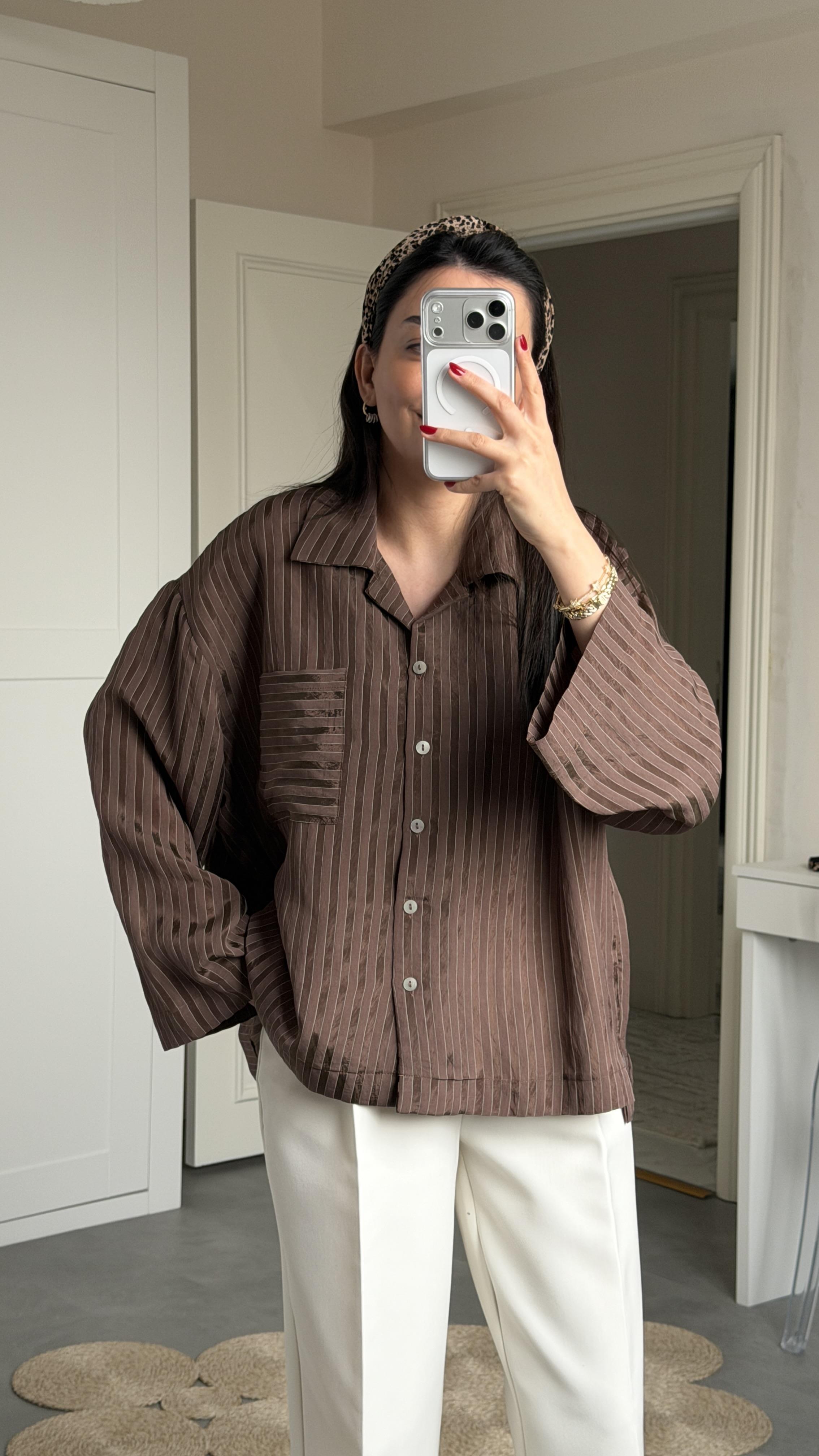 Saten Çizgili Oversize Gömlek - Kahve 
