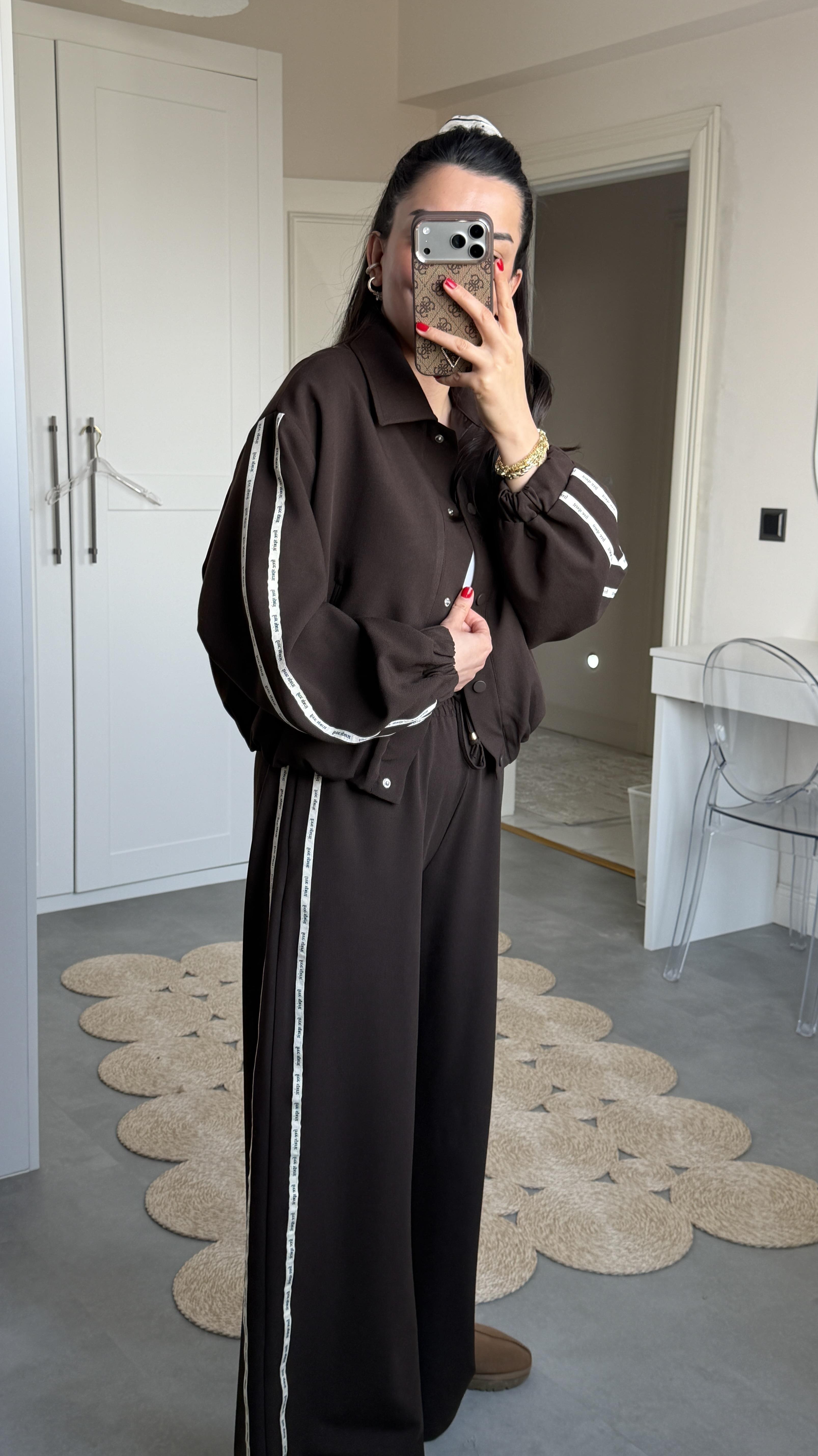 Şeritli Bomber Takım - Kahverengi