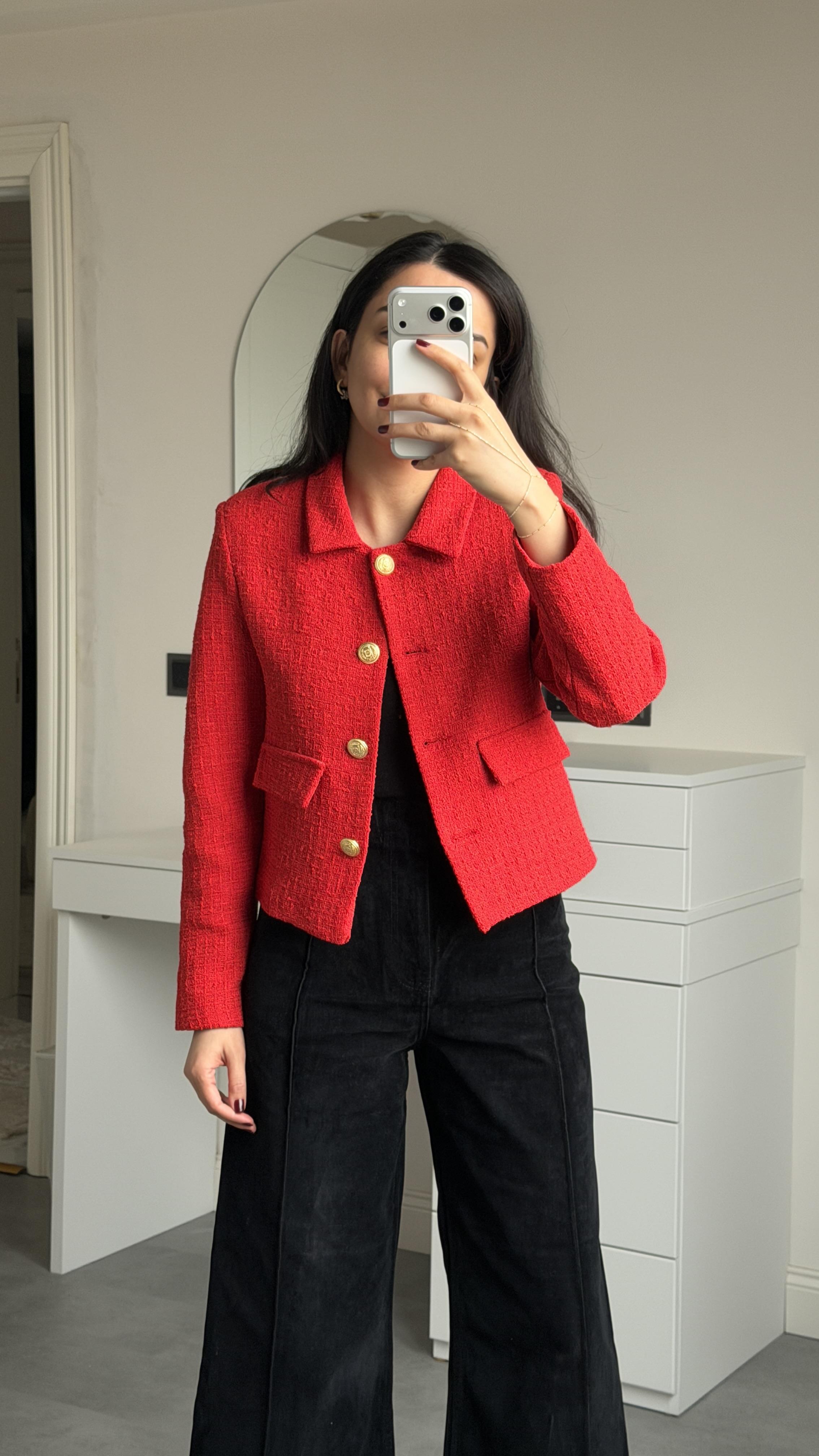 Tüvit Crop Ceket - Kırmızı