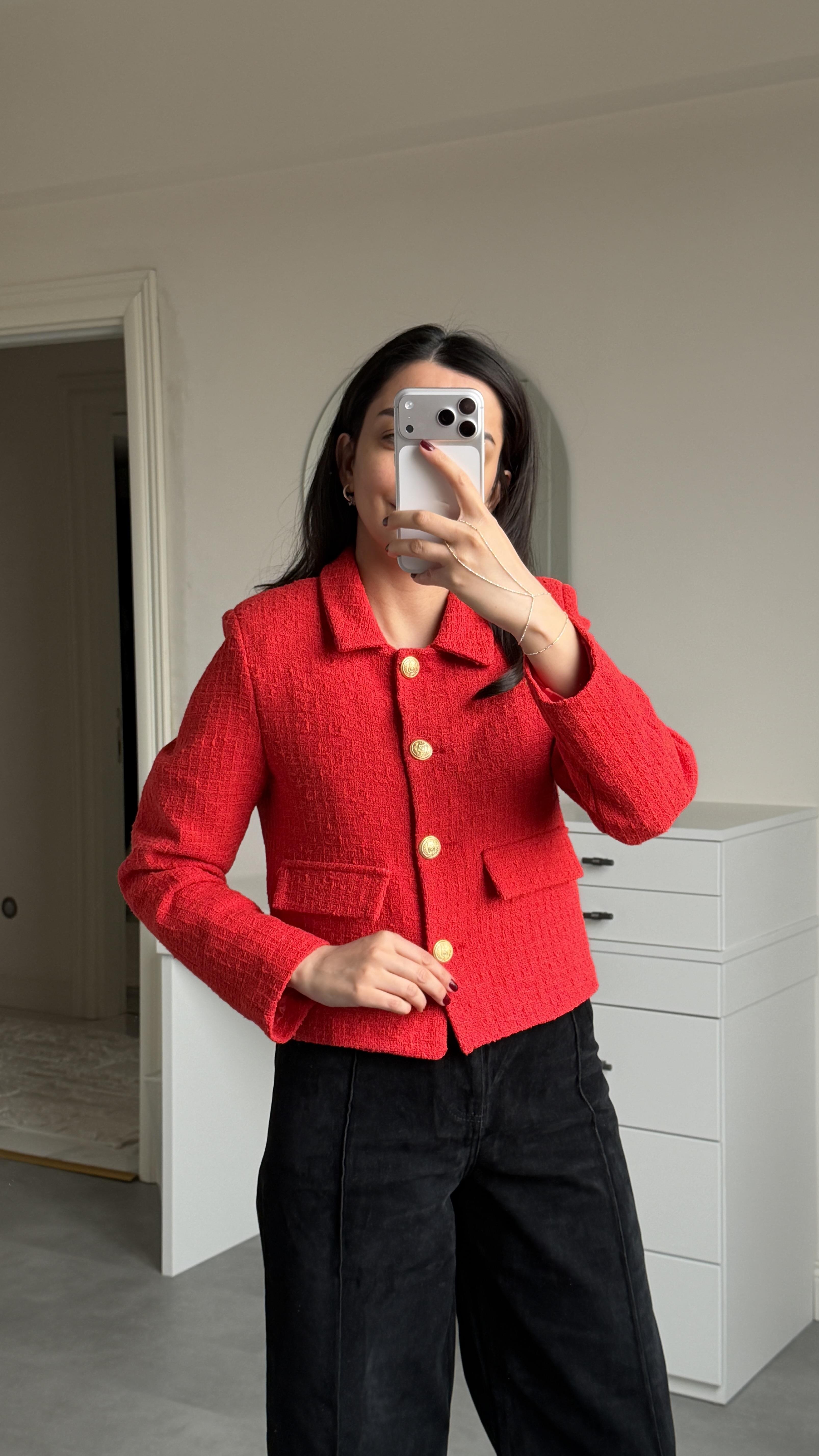 Tüvit Crop Ceket - Kırmızı