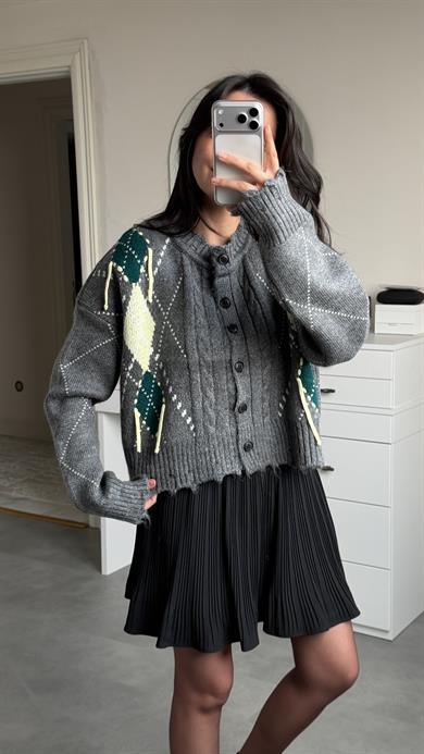 Baklava Desenli Hırka - Antrasit 