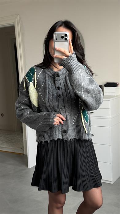 Baklava Desenli Hırka - Antrasit 