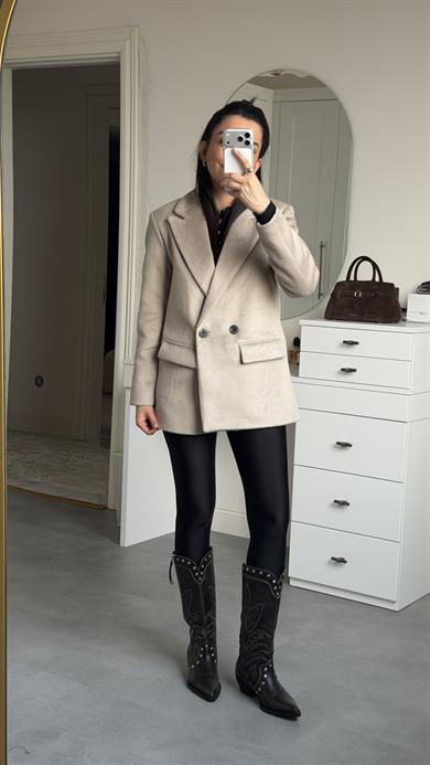 Çift Düğmeli Kaşe Blazer - Bej