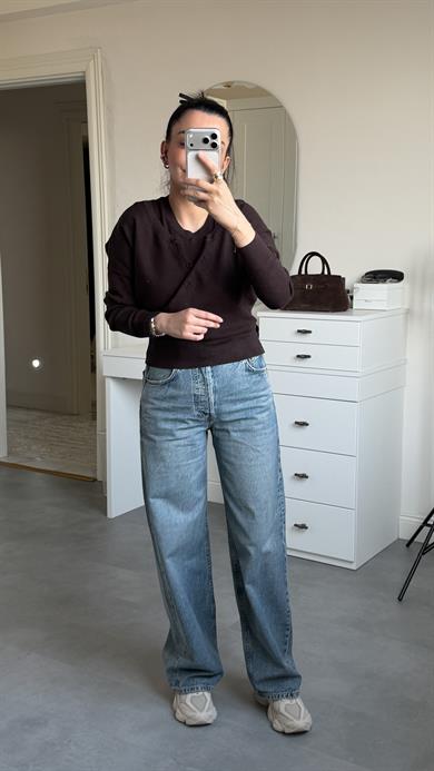 Çift Katlı Triko Kazak - Kahve 