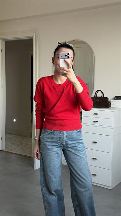 Çift Katlı Triko Kazak - Kırmızı