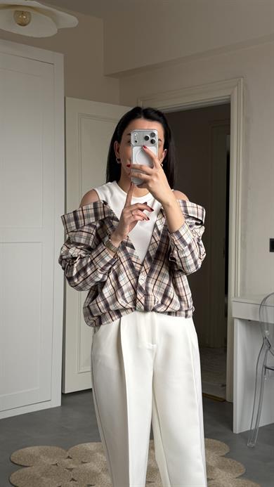 Degaje Yaka Bluzlu Gömlek - Kahve 