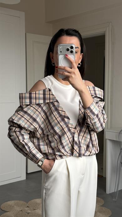 Degaje Yaka Bluzlu Gömlek - Kahve 