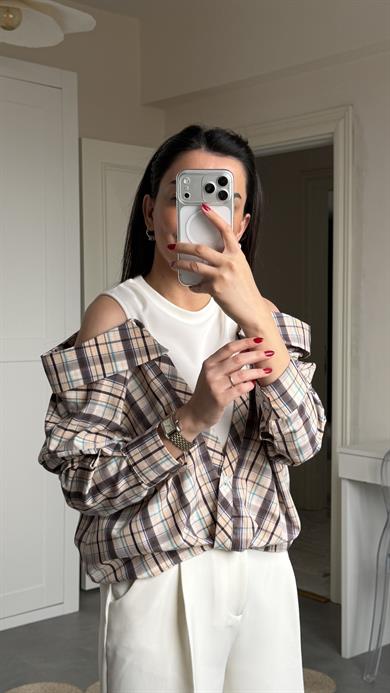 Degaje Yaka Bluzlu Gömlek - Kahve 